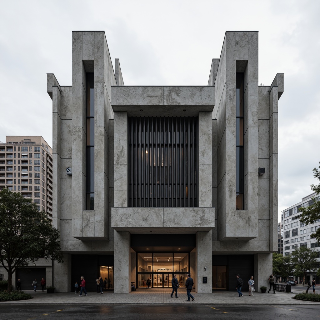 Prompt: Rugged concert house facade, brutalist architecture style, raw concrete textures, fortress-like structure, asymmetrical composition, dramatic cantilevered roofs, industrial metal accents, minimalist ornamentation, bold geometric forms, monochromatic color scheme, urban cityscape background, cloudy overcast sky, high-contrast lighting, deep shadows, 1/2 composition, cinematic camera angle, gritty realistic rendering.