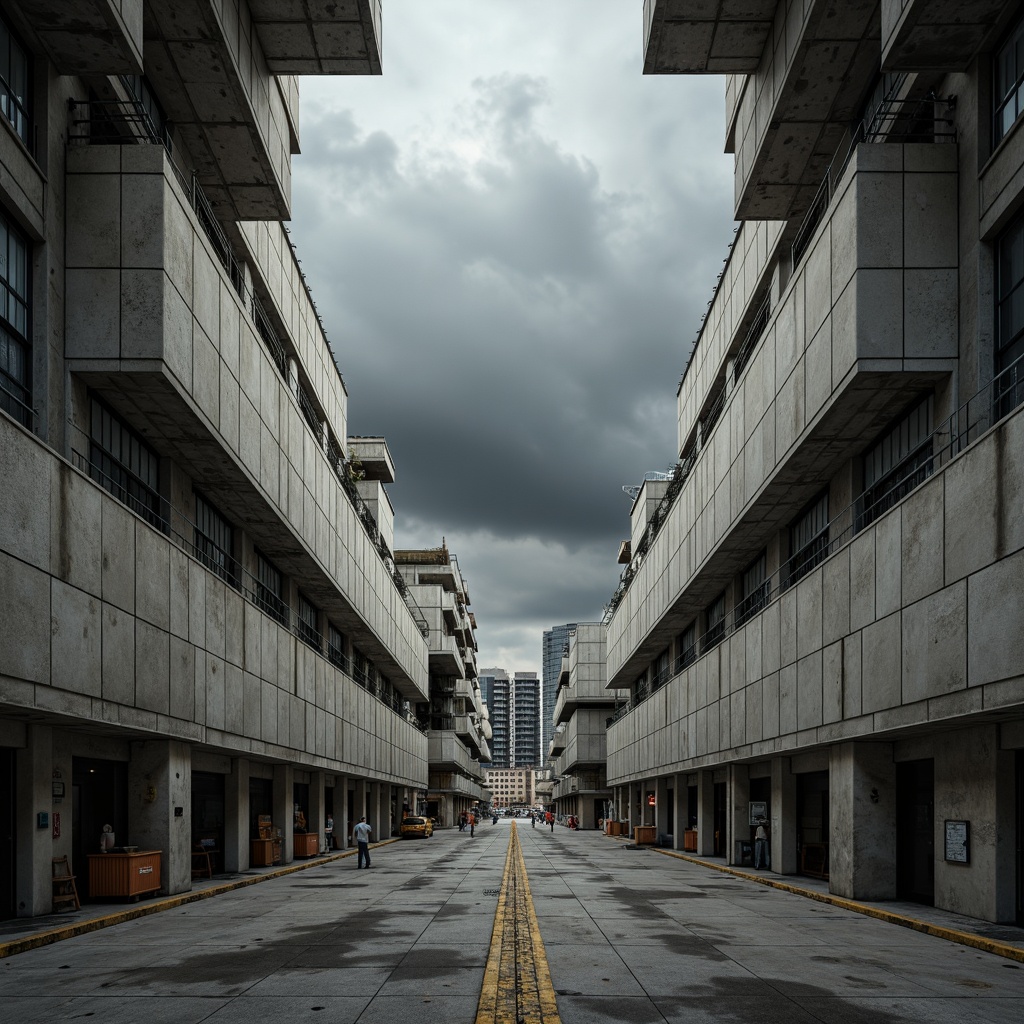 Prompt: Massive concrete forms, brutalist architecture, industrial distribution center, rugged textures, exposed ductwork, raw steel beams, functional minimalism, urban cityscape, overcast skies, dramatic shadows, high-contrast lighting, cinematic composition, symmetrical framing, bold geometric shapes, reinforced materials, utilitarian aesthetic, functional simplicity, mechanized systems, metallic accents, distressed finishes, monumental scale, imposing presence, atmospheric misting.