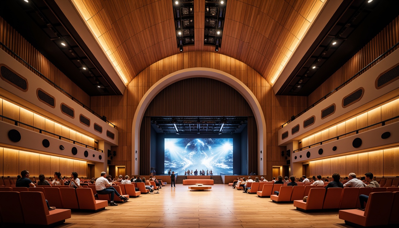 Prompt: Futuristic concert hall, sleek curved lines, polished wooden floors, sound-absorbing panels, state-of-the-art speakers, advanced audio equipment, minimalist stage design, dramatic lighting effects, vibrant color scheme, luxurious seating areas, intimate performance spaces, high ceilings, open architecture, natural ventilation systems, warm ambient lighting, shallow depth of field, 1/1 composition, realistic textures, ambient occlusion.