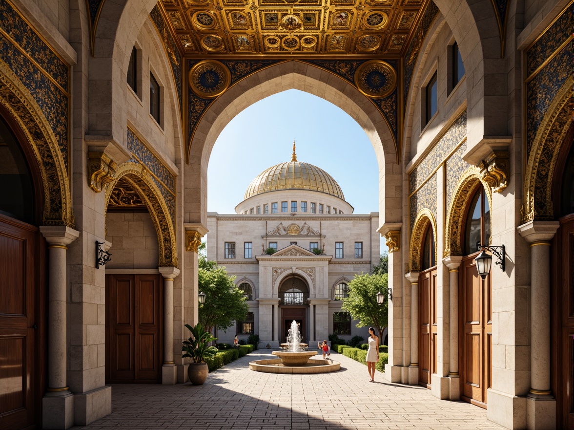 Prompt: Intricate stone carvings, ornate golden domes, majestic archways, grand entrance gates, rustic wooden doors, vibrant mosaic patterns, richly textured stonework, Byzantine-inspired frescoes, serene courtyard gardens, tranquil fountain features, soft warm lighting, shallow depth of field, 3/4 composition, panoramic view, realistic textures, ambient occlusion.