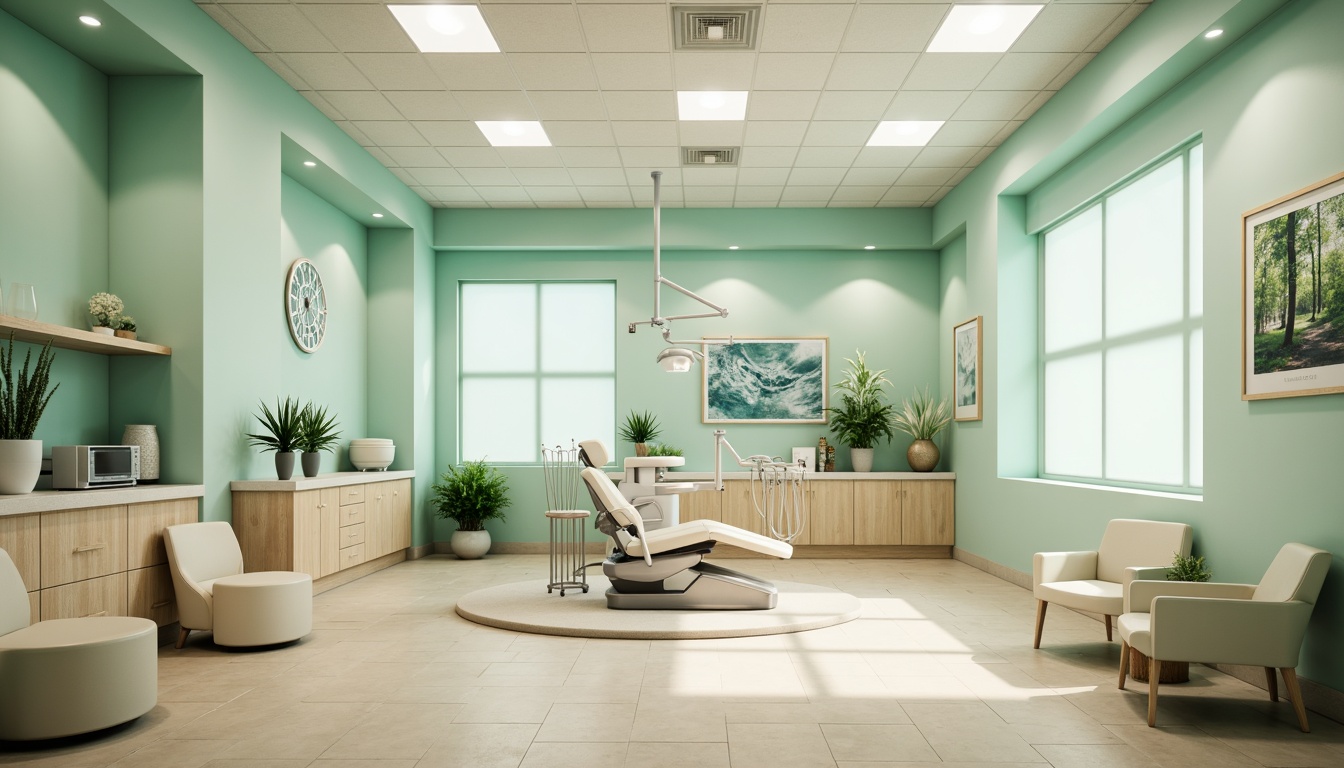 Prompt: Calming dental clinic, soft mint green walls, creamy white furniture, warm beige floors, gentle blue accents, soothing ambient lighting, natural wood textures, minimalist decor, modern sleek equipment, sterile stainless steel surfaces, comfortable patient chairs, calming nature-inspired artwork, serene waiting area, peaceful atmosphere, shallow depth of field, 1/1 composition, realistic renderings, subtle gradient effects.