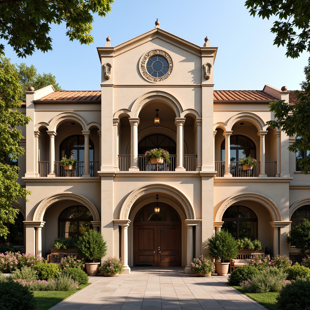 Prompt: Renaissance-style high school facade, ornate stone carvings, grand entrance archways, symmetrical composition, classical columns, rusticated bases, decorative cornices, terracotta roof tiles, warm beige stonework, elegant balconies, intricate metal railings, lush greenery, blooming flowers, sunny day, soft warm lighting, shallow depth of field, 3/4 composition, panoramic view, realistic textures, ambient occlusion.