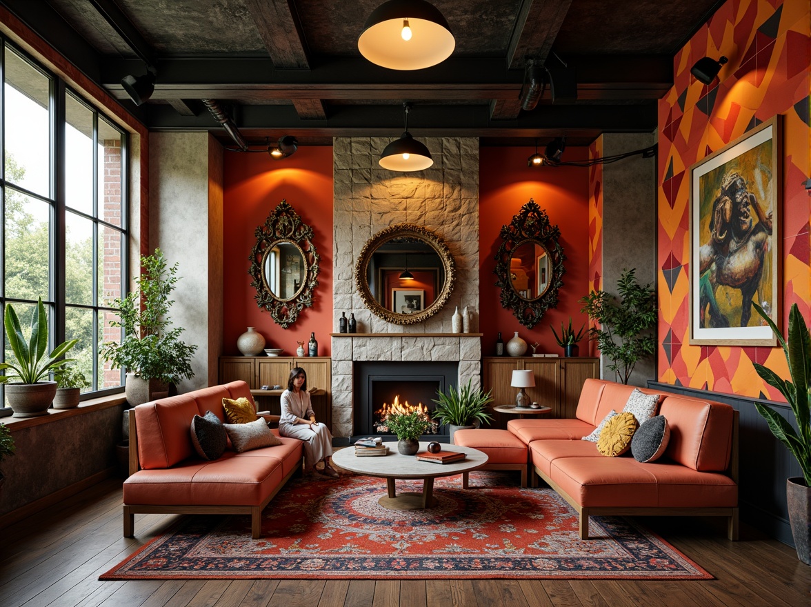 Prompt: Richly textured walls, bold geometric patterns, eclectic furniture pieces, vibrant color schemes, playful lighting fixtures, ornate mirrors, plush area rugs, comfortable sectional sofas, abstract artwork, decorative vases, lush greenery, natural stone accents, reclaimed wood floors, industrial metal beams, exposed ductwork, cozy reading nooks, intimate conversation areas, warm atmospheric ambiance, softbox lighting, 1/1 composition, shallow depth of field, realistic textures.