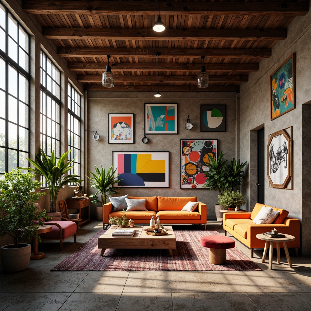 Prompt: Vibrant artistic studio, eclectic furniture, abstract artwork, bold color blocking, contrasting textures, rich wood accents, industrial metal fixtures, natural stone flooring, oversized windows, soft diffused lighting, warm atmospheric ambiance, 3/4 composition, shallow depth of field, realistic renderings, ambient occlusion.