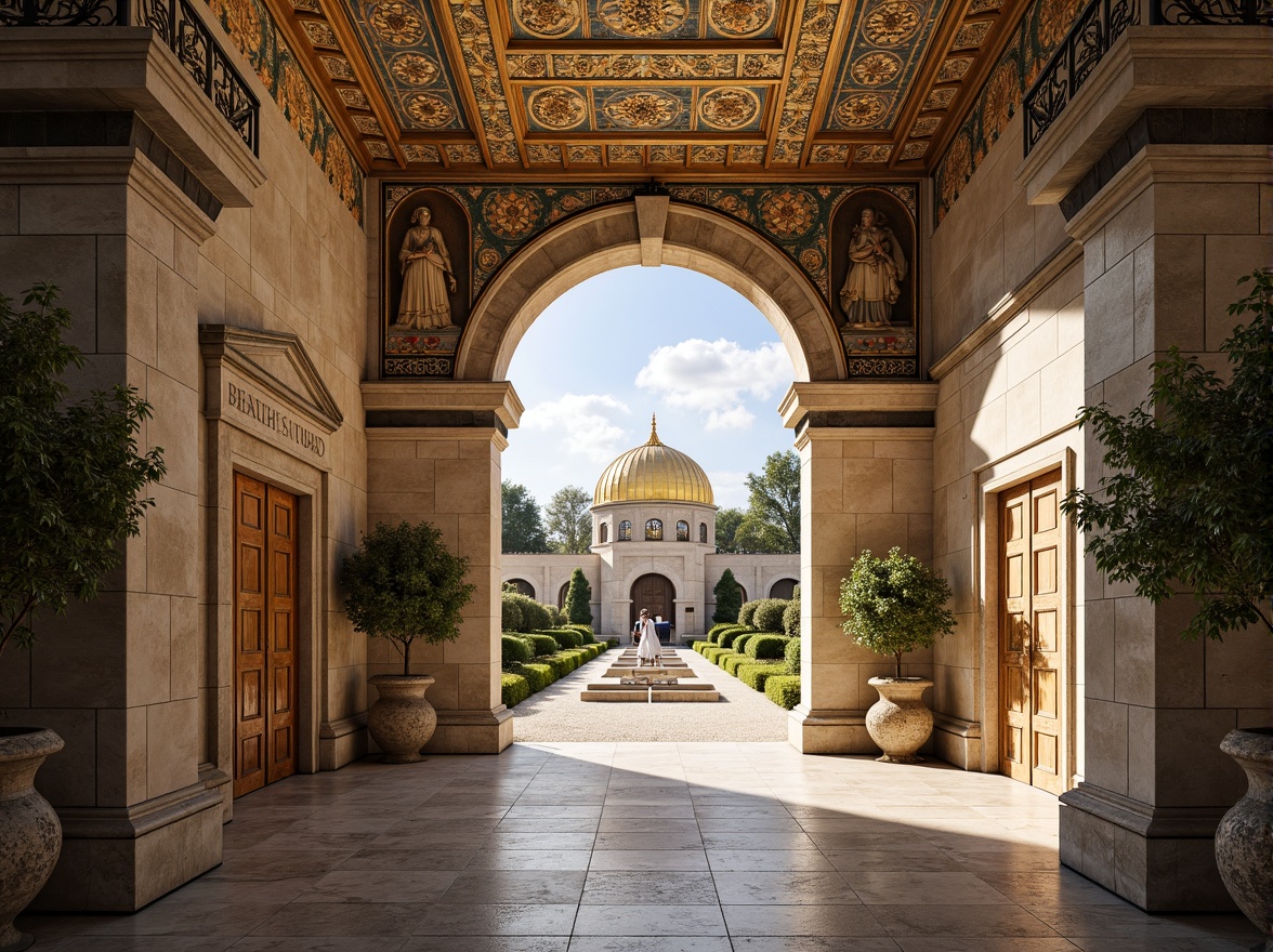 Prompt: Intricate stone carvings, ornate golden domes, majestic archways, grand entrance gates, rustic wooden doors, vibrant mosaic patterns, richly textured stonework, Byzantine-inspired frescoes, serene courtyard gardens, tranquil fountain features, soft warm lighting, shallow depth of field, 3/4 composition, panoramic view, realistic textures, ambient occlusion.