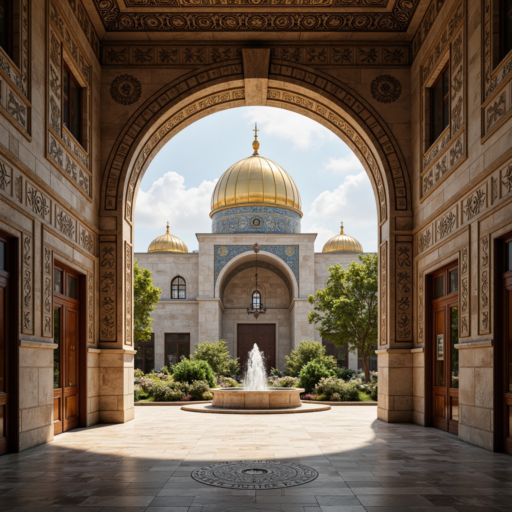 Prompt: Intricate stone carvings, ornate golden domes, majestic archways, grand entrance gates, rustic wooden doors, vibrant mosaic patterns, richly textured stonework, Byzantine-inspired frescoes, serene courtyard gardens, tranquil fountain features, soft warm lighting, shallow depth of field, 3/4 composition, panoramic view, realistic textures, ambient occlusion.