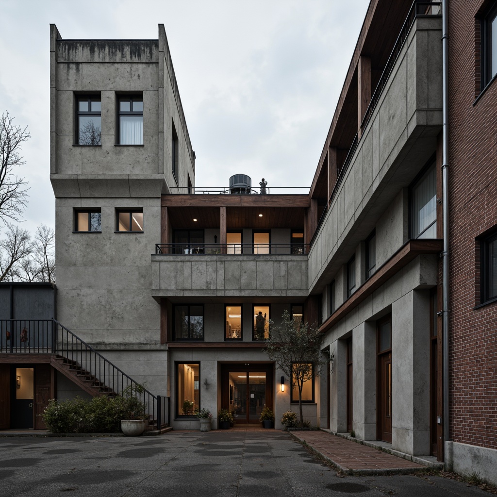 Prompt: Rough concrete walls, exposed ductwork, industrial metal beams, raw brick facades, distressed wood accents, brutalist fortress-like structures, rugged stone foundations, cold steel railings, minimalist ornamentation, functional simplicity, urban cityscape, overcast skies, dramatic shadows, high-contrast lighting, 1/1 composition, symmetrical framing, realistic material textures, ambient occlusion.