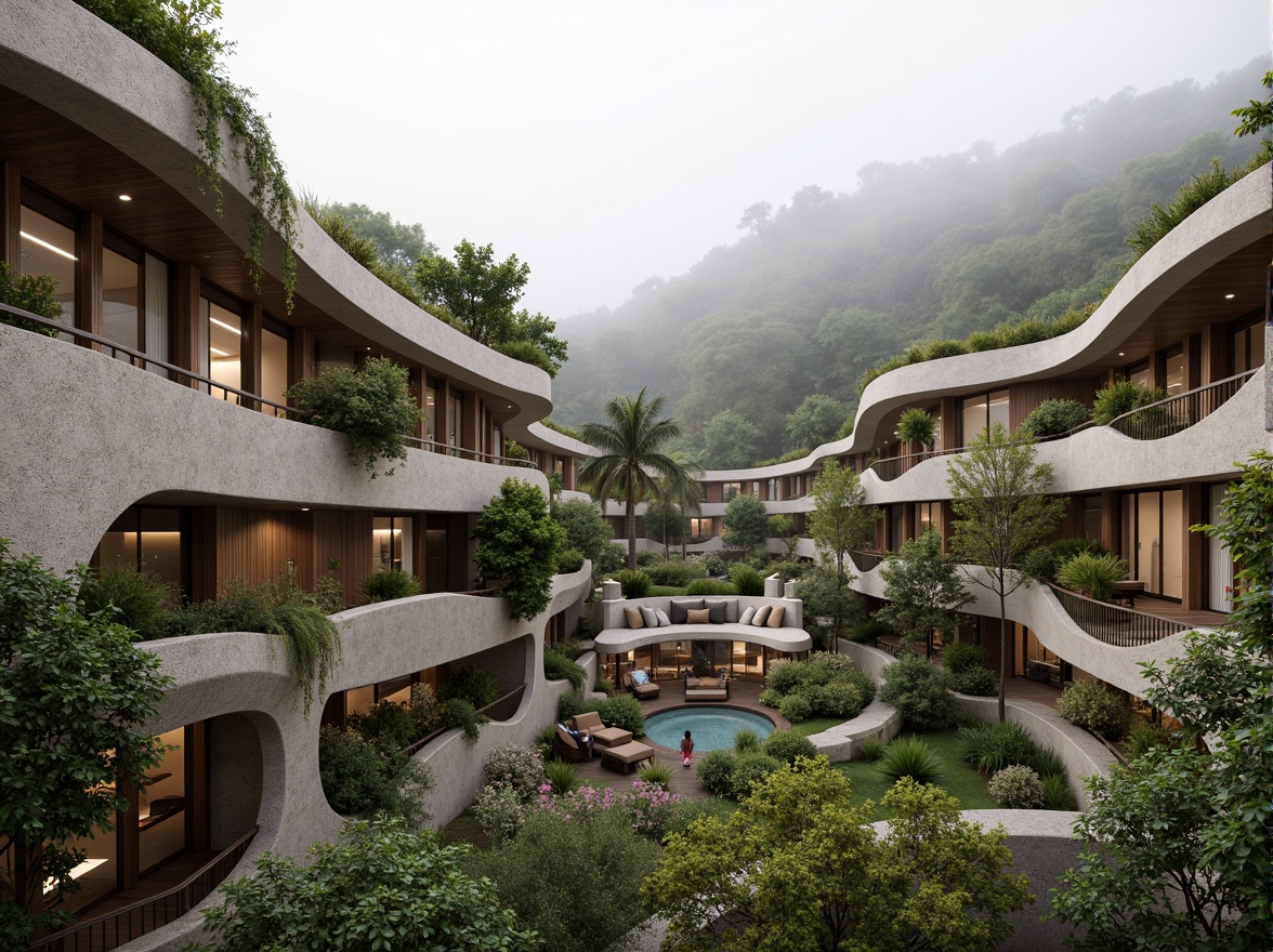 Prompt: Organic building facade, wavy lines, natural stone cladding, green walls, living roofs, blooming flowers, curved shapes, earthy tones, wooden accents, cantilevered structures, asymmetrical composition, soft diffused lighting, misty atmosphere, 1/1 ratio, intimate scale, harmonious integration with surroundings, sustainable materials, eco-friendly systems, rainwater harvesting, solar panels, natural ventilation, organic textures, intricate patterns inspired by nature.