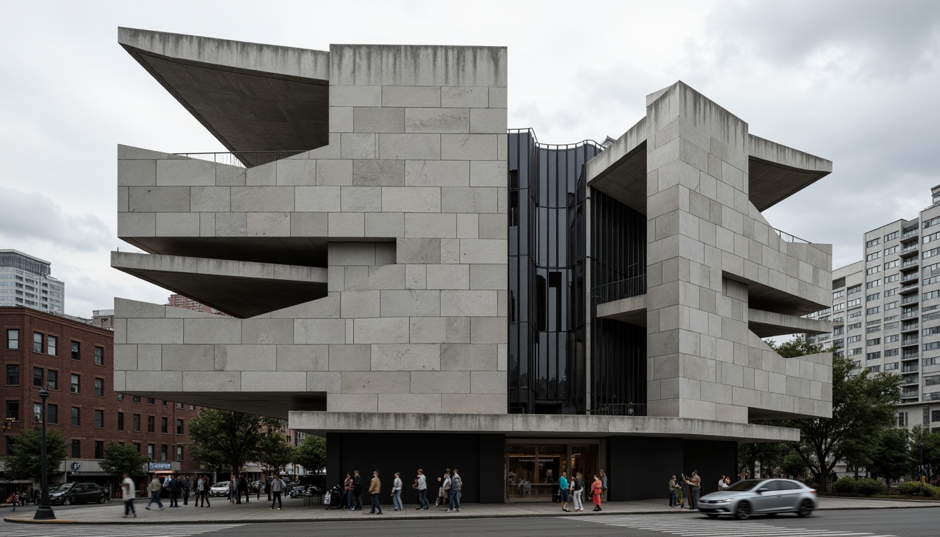 Prompt: Rugged concert house facade, brutalist architecture style, raw concrete textures, fortress-like structure, asymmetrical composition, dramatic cantilevered roofs, industrial metal accents, minimalist ornamentation, bold geometric forms, monochromatic color scheme, urban cityscape background, cloudy overcast sky, high-contrast lighting, deep shadows, 1/2 composition, cinematic camera angle, gritty realistic rendering.