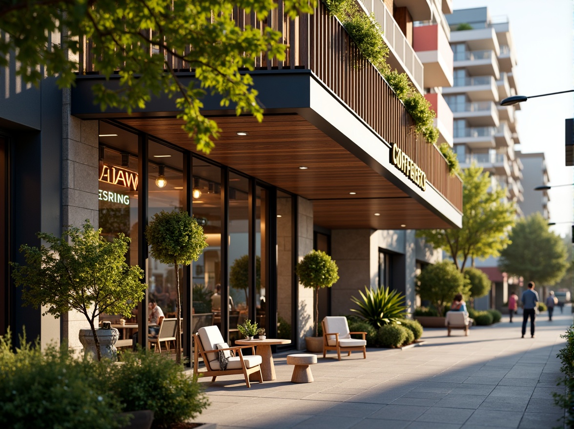 Prompt: Vibrant coffee shop facade, modern minimalist architecture, large glass windows, wooden accents, industrial metal frames, green walls, living plants, natural stone cladding, LED signage, neon lights, cozy outdoor seating, urban cityscape, bustling streets, morning sunlight, warm golden lighting, shallow depth of field, 1/2 composition, realistic textures, ambient occlusion.