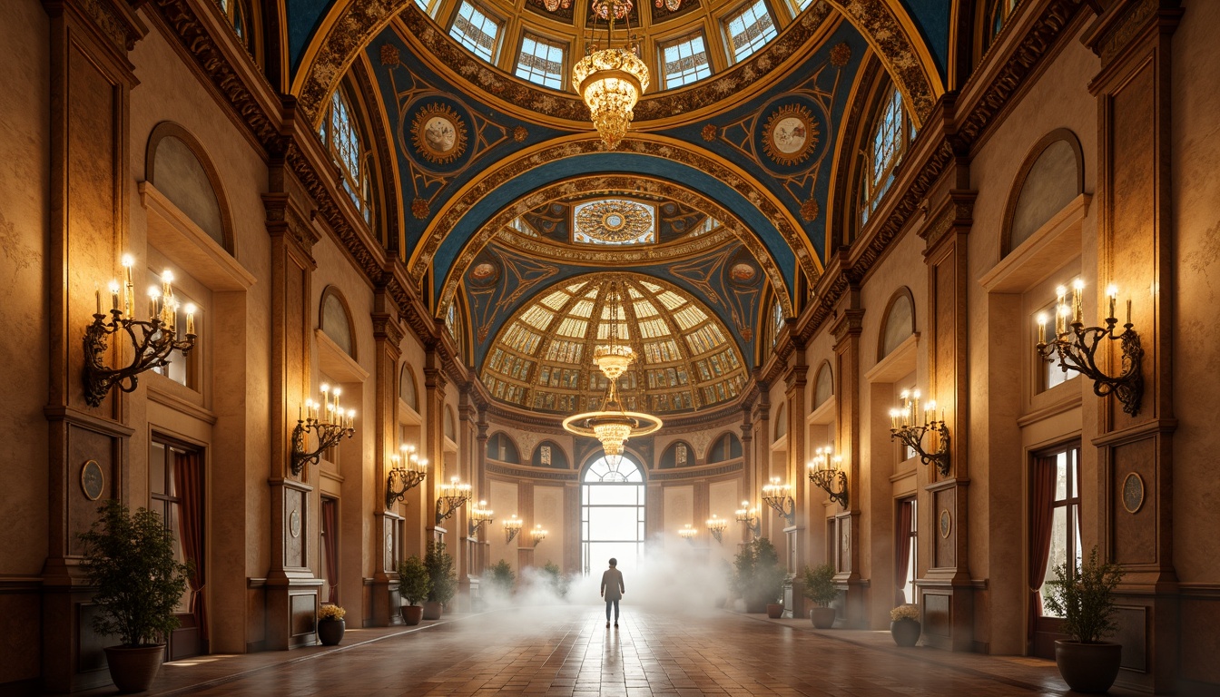 Prompt: Golden domes, intricate mosaics, richly ornamented walls, warm beige stone, ornate frescoes, vibrant blue ceilings, gilded accents, luxurious velvet drapes, ornamental lanterns, majestic archways, grandiose chandeliers, soft candlelight, atmospheric fog, mystical ambiance, 1/2 composition, low-angle shot, dramatic shadows, realistic textures, ambient occlusion.