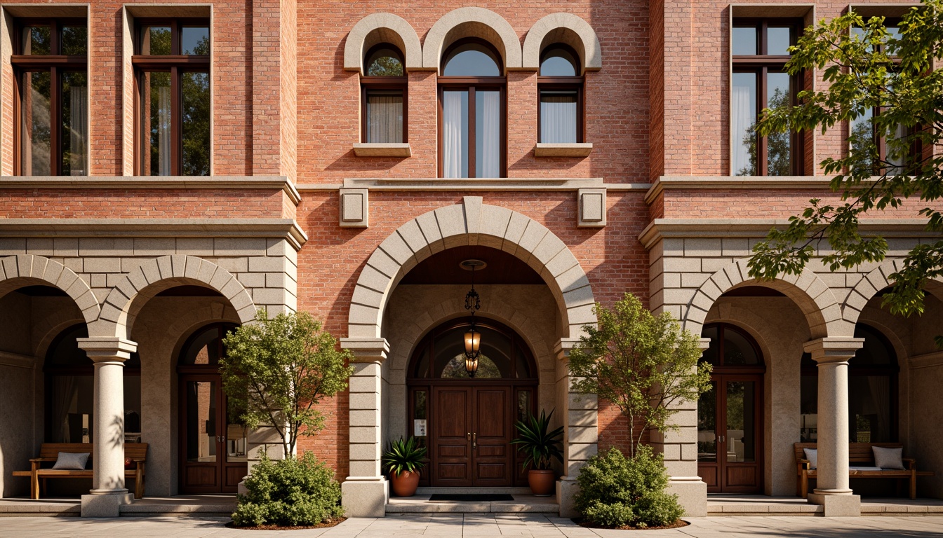 Prompt: Renaissance-style building facade, ornate brick patterns, rustic red brick walls, arched windows, classical columns, carved stone details, grand entranceways, symmetrical composition, warm golden lighting, shallow depth of field, 1/2 composition, realistic textures, ambient occlusion.