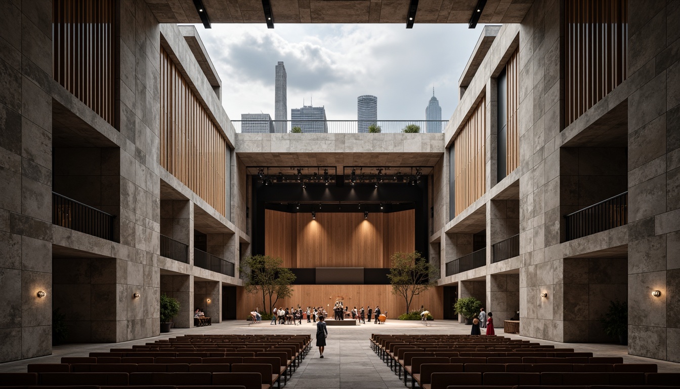 Prompt: Rugged brutalist concert hall, exposed concrete walls, industrial metal beams, minimalist seating, avant-garde stage design, dramatic spotlights, resonant sound reflections, acoustic panels, diffused sound waves, intimate performance spaces, natural stone flooring, raw unfinished textures, bold geometric shapes, urban cityscape views, cloudy grey skies, soft warm lighting, shallow depth of field, 1/1 composition, realistic material renderings, ambient occlusion.