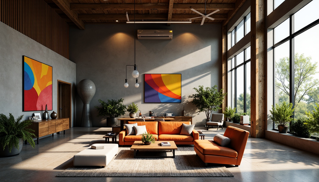 Prompt: Vibrant artistic studio, eclectic furniture, abstract artwork, bold color blocking, contrasting textures, rich wood accents, industrial metal fixtures, natural stone flooring, oversized windows, soft diffused lighting, warm atmospheric ambiance, 3/4 composition, shallow depth of field, realistic renderings, ambient occlusion.