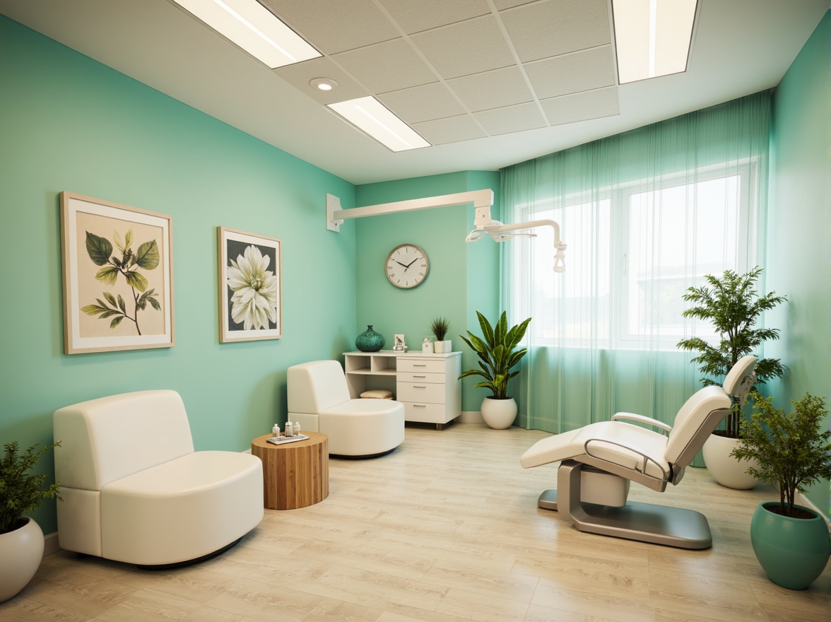 Prompt: Calming dental clinic, soft mint green walls, creamy white furniture, warm beige floors, gentle blue accents, soothing ambient lighting, natural wood textures, minimalist decor, modern sleek equipment, sterile stainless steel surfaces, comfortable patient chairs, calming nature-inspired artwork, serene waiting area, peaceful atmosphere, shallow depth of field, 1/1 composition, realistic renderings, subtle gradient effects.