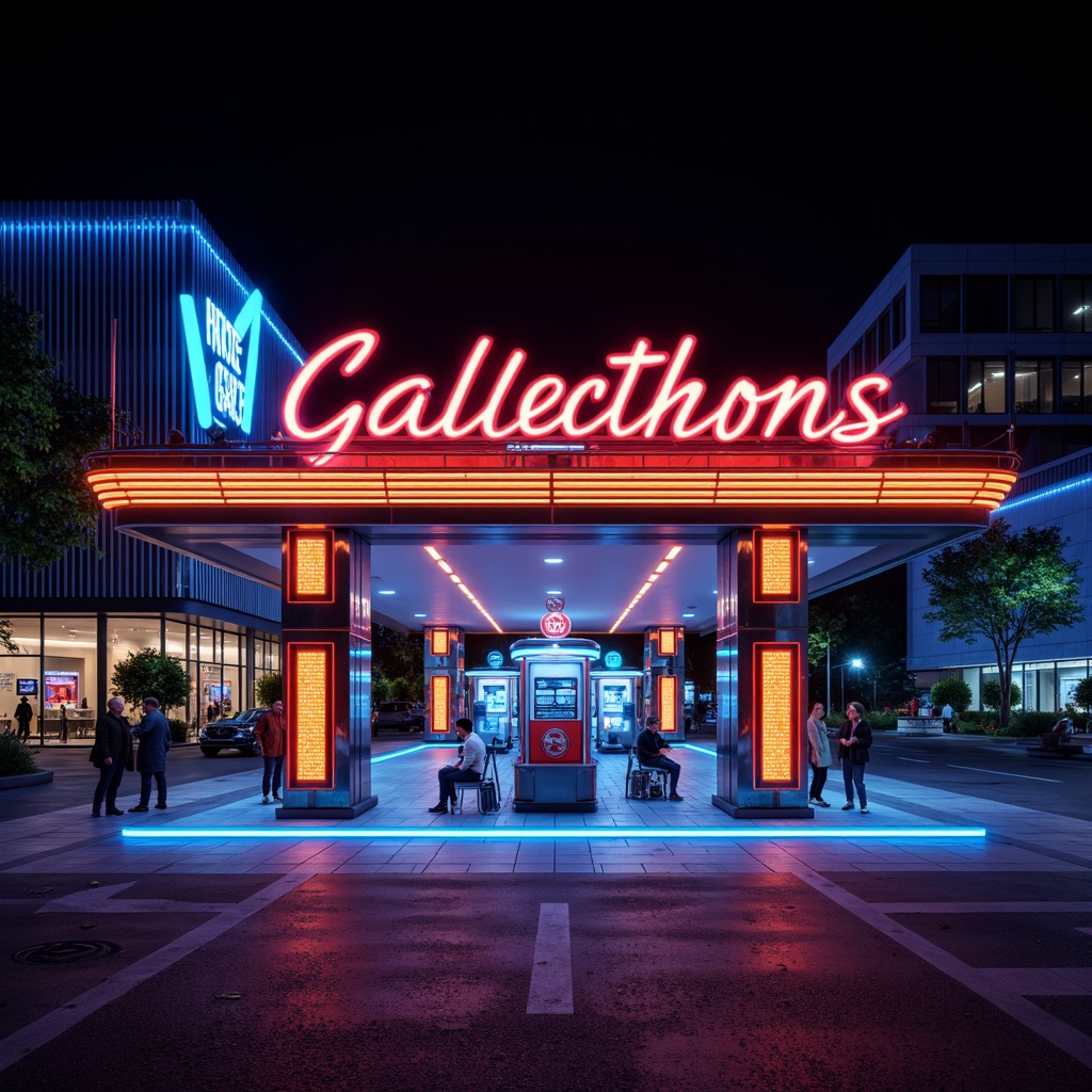 Prompt: Vibrant gas station, neon signage, bold typography, metallic accents, glossy finishes, retro-futuristic architecture, sleek lines, angular shapes, bright LED lights, electric blue hues, fiery orange tones, deep black backgrounds, high-contrast color scheme, 3D modeling, realistic reflections, ambient occlusion, shallow depth of field, panoramic view.