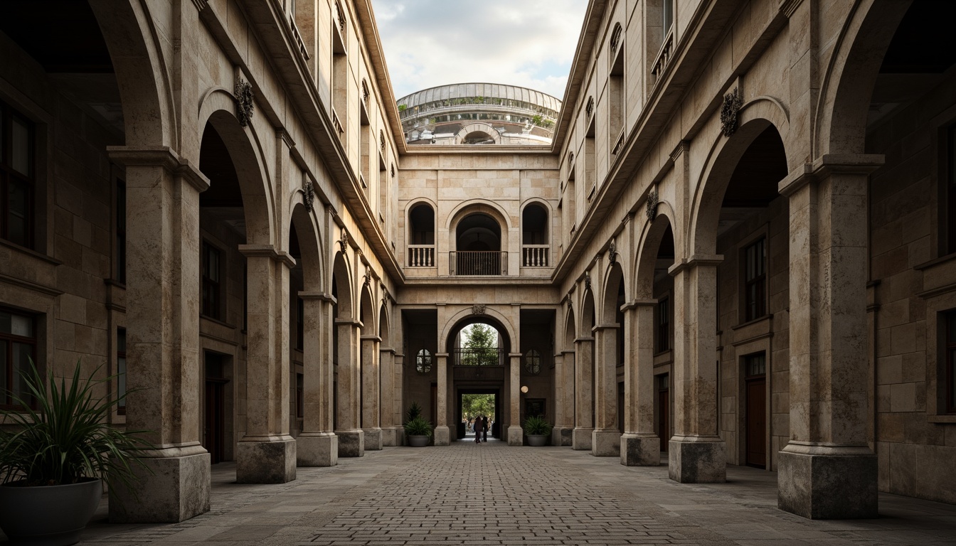 Prompt: Monumental buildings, imposing structures, robust columns, sturdy arches, grand entrances, ornate facades, symmetrical compositions, classical proportions, harmonious massing, balanced forms, natural stone materials, rough-hewn textures, earthy color palette, dramatic lighting effects, deep shadows, atmospheric perspective, 1/2 composition, low-angle view, cinematic mood.