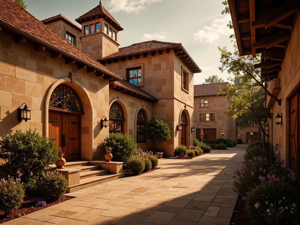 Prompt: Warm earthy tones, rustic stone walls, terracotta rooftops, ornate carvings, grand archways, vibrant stained glass windows, rich wood accents, intricate mosaics, soft warm lighting, shallow depth of field, 1/1 composition, realistic textures, ambient occlusion.