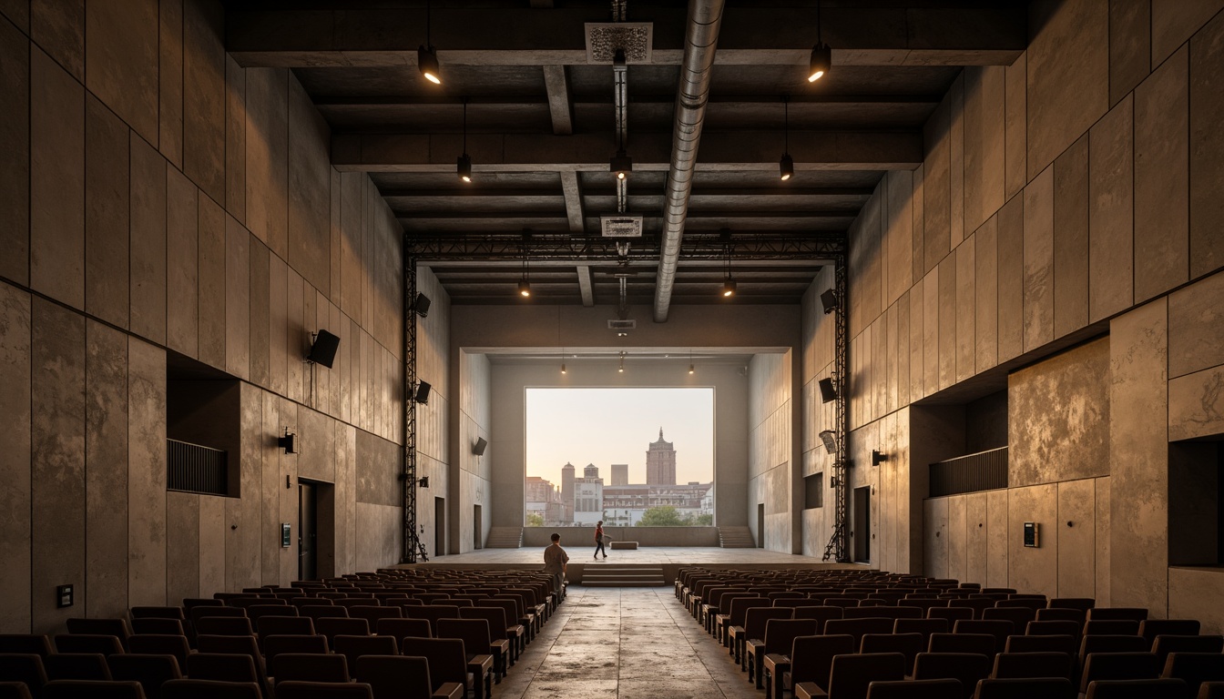 Prompt: Raw concrete walls, exposed ductwork, industrial metal beams, minimalist seating, avant-garde stage design, dramatic spotlights, reverberant sound reflections, echoey ambiance, brutalist architecture, angular lines, monochromatic color scheme, urban cityscape, evening atmosphere, warm golden lighting, shallow depth of field, 1/2 composition, symmetrical framing, high-contrast textures, ambient occlusion.