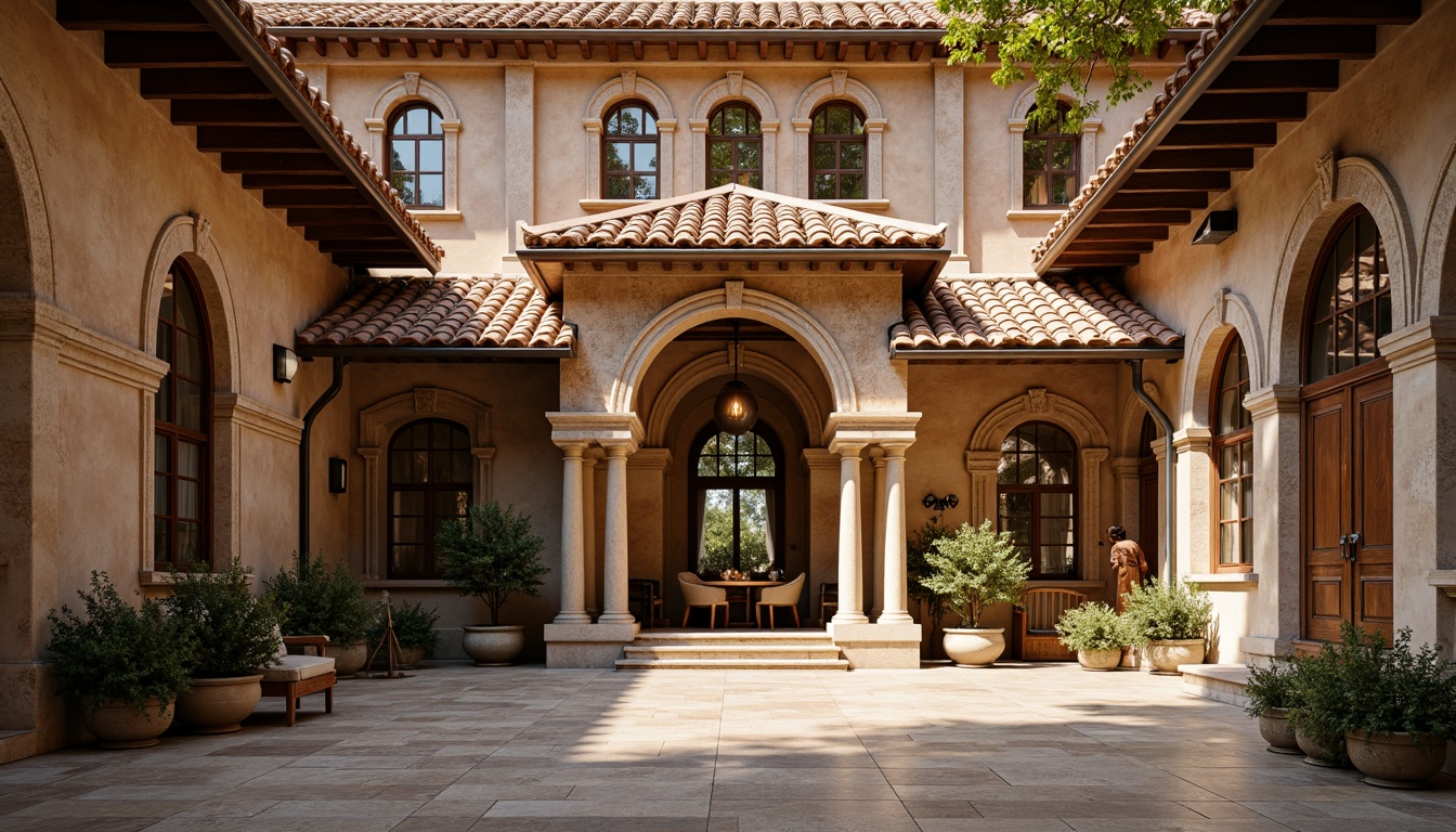 Prompt: Renaissance-style visitor center, ornate facade, grand entrance, arched windows, rustic stone walls, terracotta roof tiles, classical columns, intricate carvings, ornamental details, warm earthy tones, natural stone flooring, wooden accents, vintage lanterns, soft warm lighting, shallow depth of field, 1/2 composition, symmetrical framing, realistic textures, ambient occlusion.