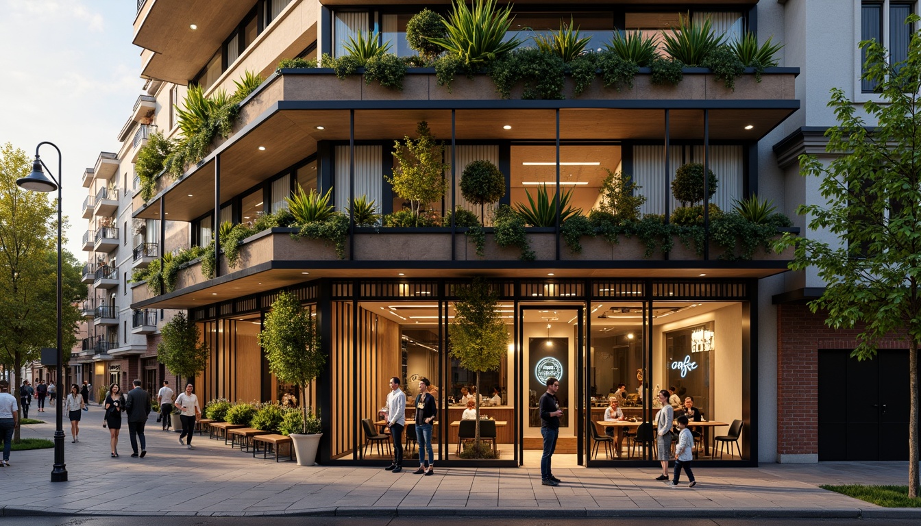 Prompt: Vibrant coffee shop facade, modern minimalist architecture, large glass windows, wooden accents, industrial metal frames, green walls, living plants, natural stone cladding, LED signage, neon lights, cozy outdoor seating, urban cityscape, bustling streets, morning sunlight, warm golden lighting, shallow depth of field, 1/2 composition, realistic textures, ambient occlusion.