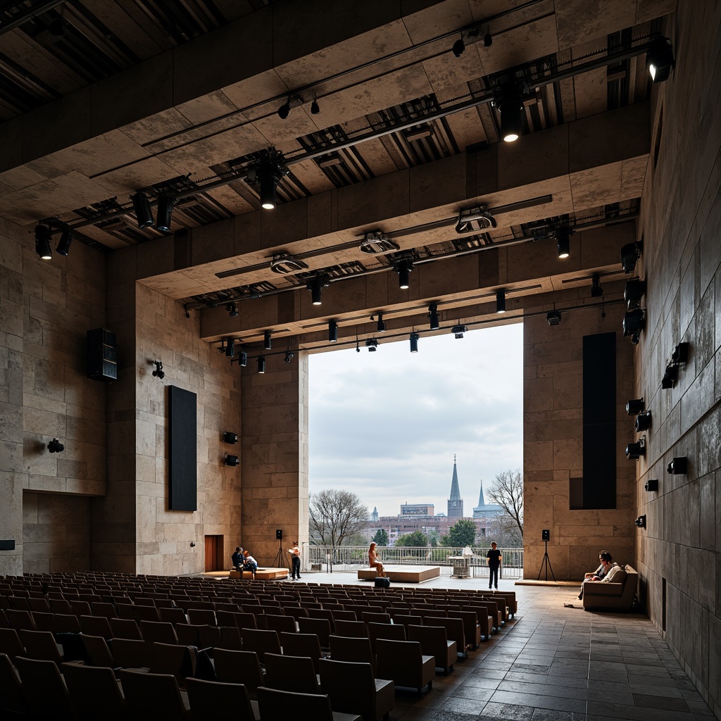 Prompt: Rugged brutalist concert hall, exposed concrete walls, industrial metal beams, minimalist seating, avant-garde stage design, dramatic spotlights, resonant sound reflections, acoustic panels, diffused sound waves, intimate performance spaces, natural stone flooring, raw unfinished textures, bold geometric shapes, urban cityscape views, cloudy grey skies, soft warm lighting, shallow depth of field, 1/1 composition, realistic material renderings, ambient occlusion.