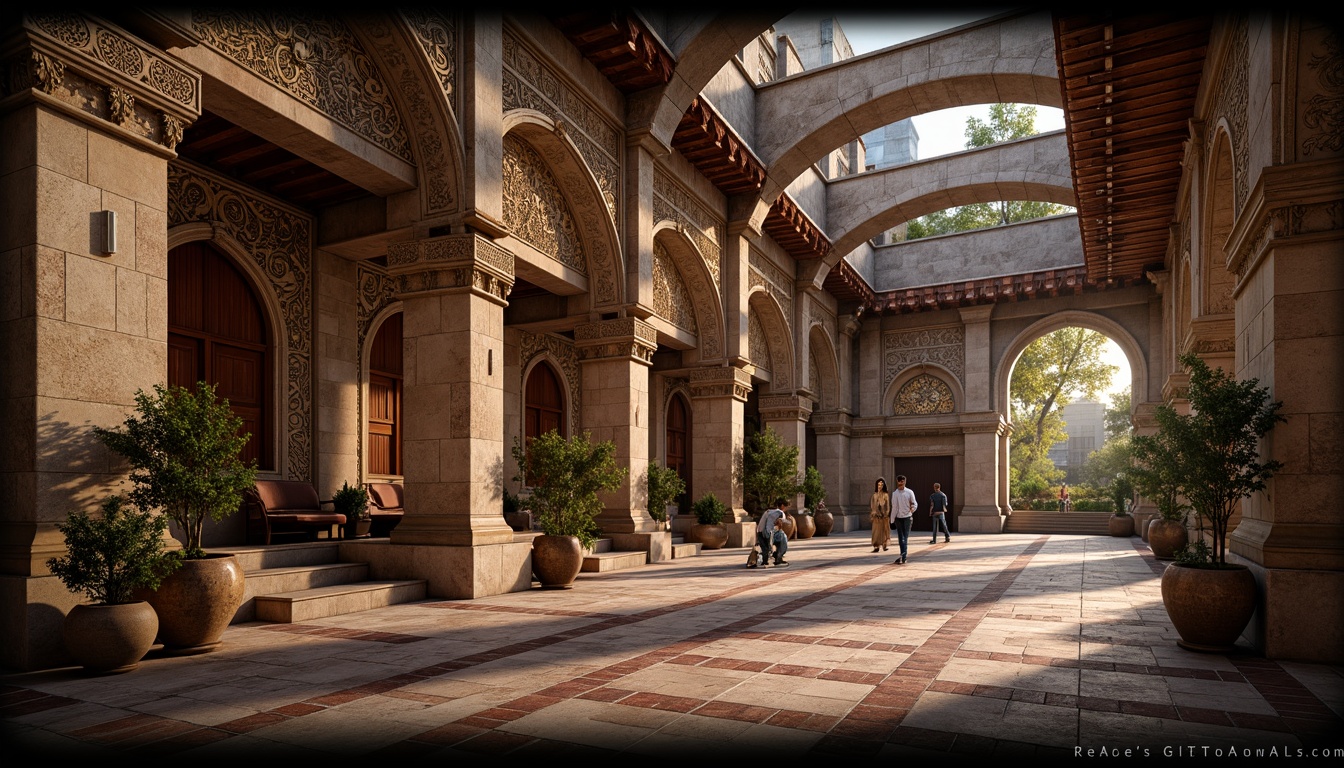 Prompt: Intricate stone carvings, ornate domes, grand archways, vibrant mosaics, golden accents, rustic terracotta tiles, weathered copper roofing, aged stone walls, mystical ambiance, soft warm lighting, dramatic shadows, 1/1 composition, low-angle shot, realistic textures, ambient occlusion.