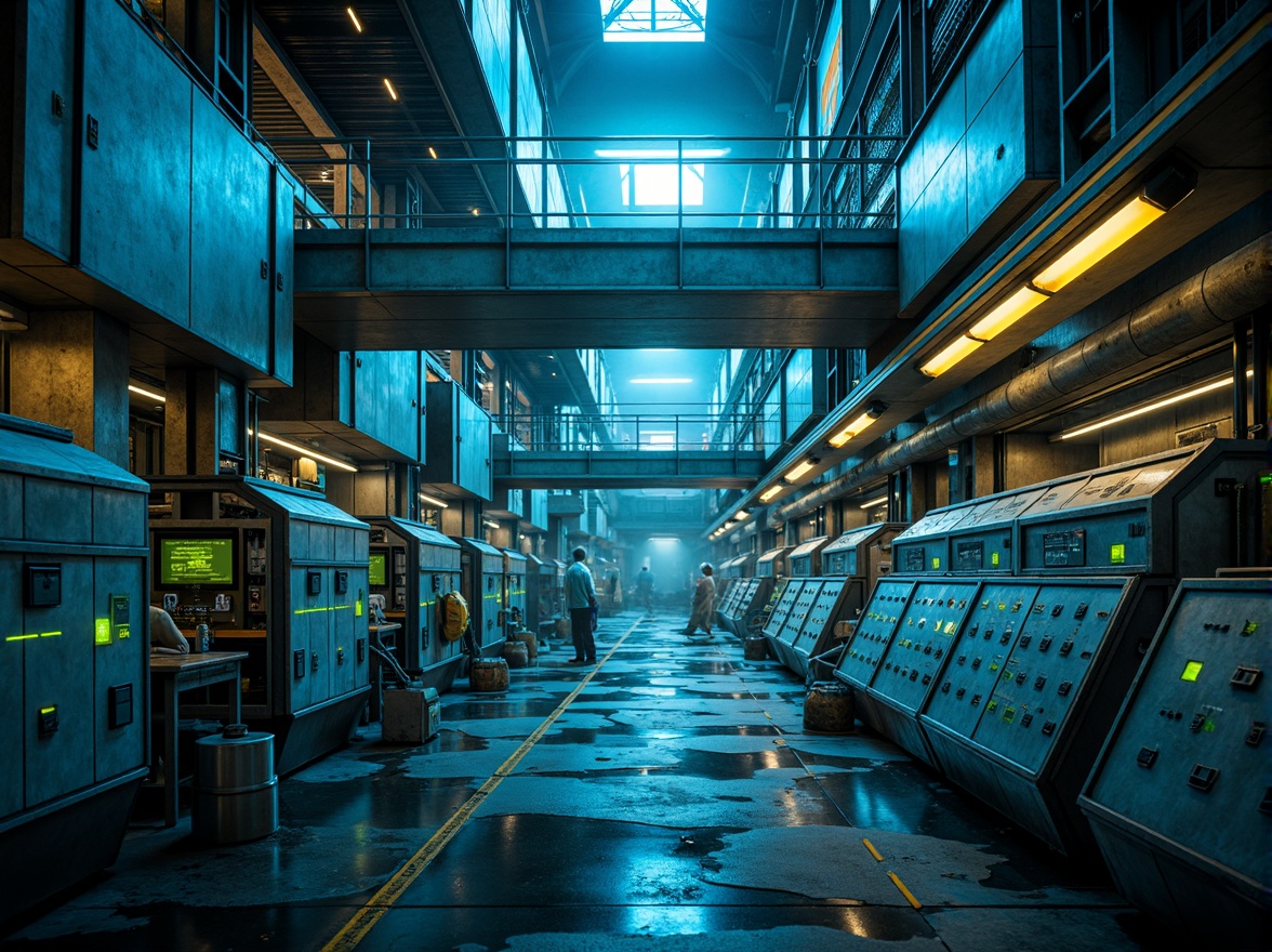 Prompt: Neon-lit power plant, metallic structures, glowing blue accents, electric yellow highlights, dark grey concrete foundations, sleek silver pipes, futuristic control rooms, holographic displays, neon green circuits, high-tech machinery, industrial catwalks, atmospheric mist, dramatic spotlights, cinematic shading, 1/1 composition, symmetrical framing, vibrant color grading, realistic reflections.