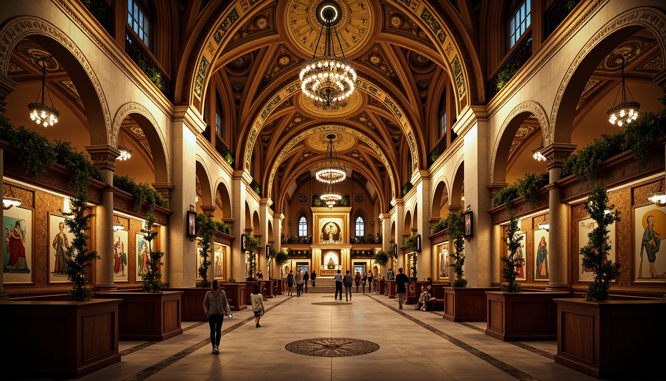 Prompt: Intricate mosaics, golden domes, ornate chandeliers, marble floors, vaulted ceilings, grand archways, rich tapestries, ornamental icons, lavish altarpieces, intricate carvings, polished stone columns, dim warm lighting, soft shadows, atmospheric ambiance, 1/1 composition, symmetrical framing, realistic textures, ambient occlusion.