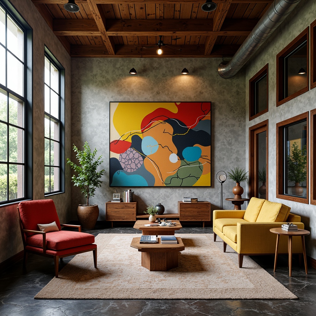 Prompt: Vibrant artistic studio, eclectic furniture, abstract artwork, bold color blocking, contrasting textures, rich wood accents, industrial metal fixtures, natural stone flooring, oversized windows, soft diffused lighting, warm atmospheric glow, 3/4 composition, intimate close-up shots, realistic material rendering, ambient occlusion.