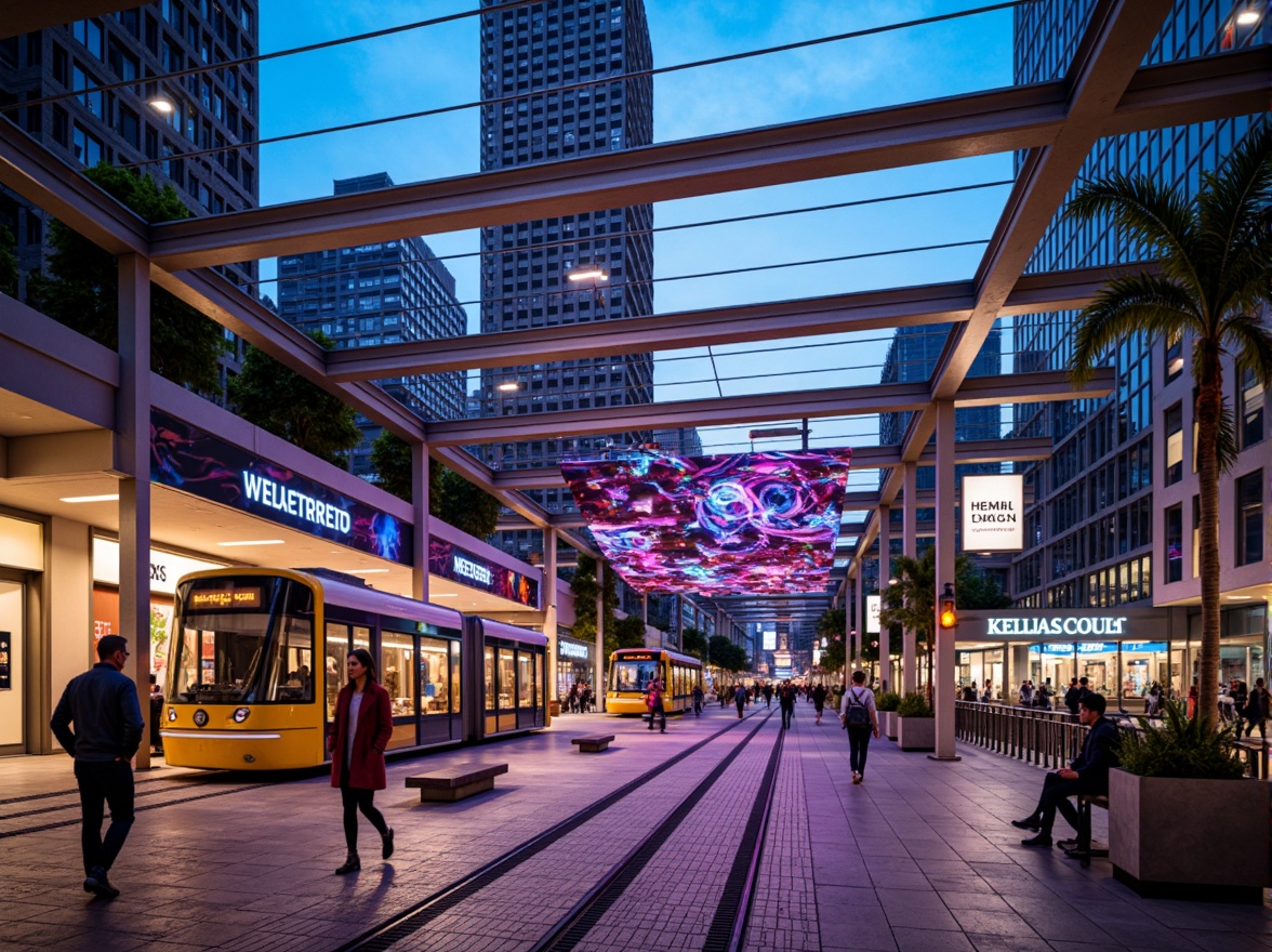 Prompt: Vibrant tram station, modern architecture, sleek metal beams, glass roofs, LED light installations, futuristic ambiance, dynamic color schemes, neon signs, urban cityscape, busy pedestrian traffic, rush hour atmosphere, soft warm lighting, shallow depth of field, 1/1 composition, realistic textures, ambient occlusion, suspended ceiling lights, linear fluorescent lamps, circular pendant lights, geometric patterned flooring, polished metal handrails, comfortable seating areas.