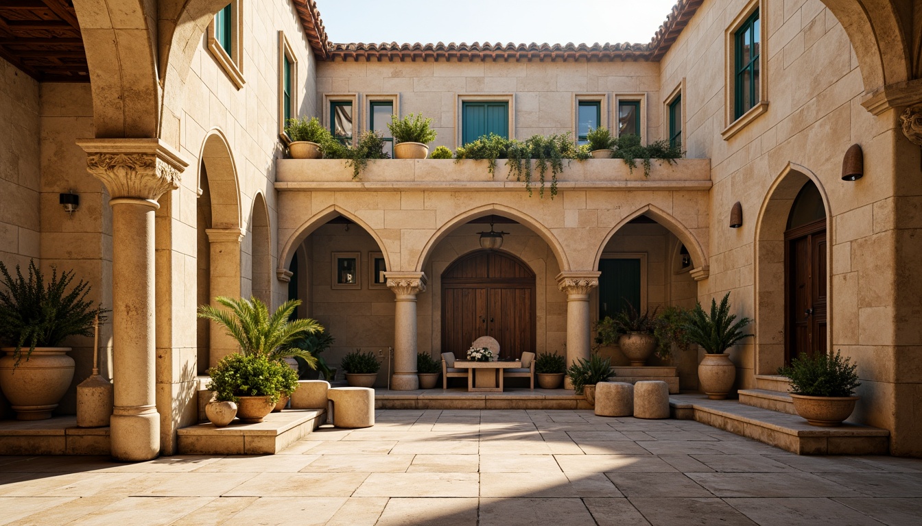 Prompt: Ancient Romanesque architecture, warm beige stone walls, rustic terracotta roofs, ornate carvings, grand archways, vibrant turquoise accents, earthy brown wooden doors, weathered copper details, soft golden lighting, misty morning atmosphere, shallow depth of field, 1/2 composition, realistic textures, ambient occlusion.