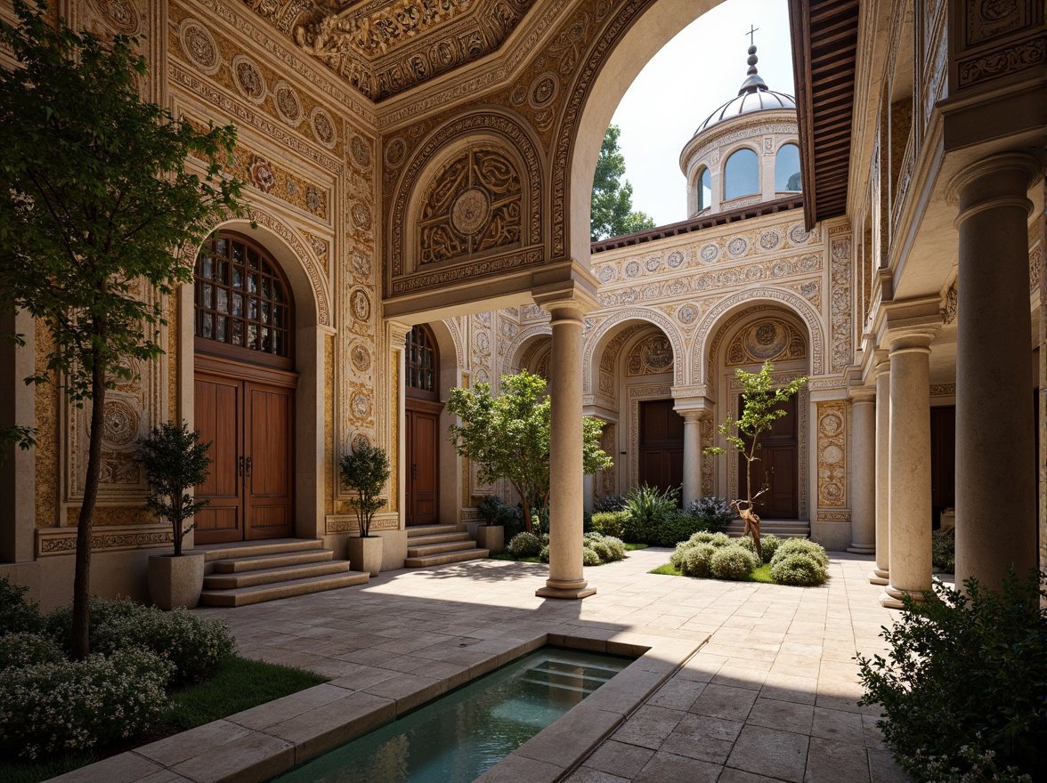 Prompt: Intricate stone carvings, ornate arches, grand domes, golden mosaics, vibrant frescoes, rustic brick walls, weathered wooden doors, ornamental ironwork, mystical symbols, serene courtyard, lush greenery, tranquil fountain, soft warm lighting, shallow depth of field, 3/4 composition, panoramic view, realistic textures, ambient occlusion.