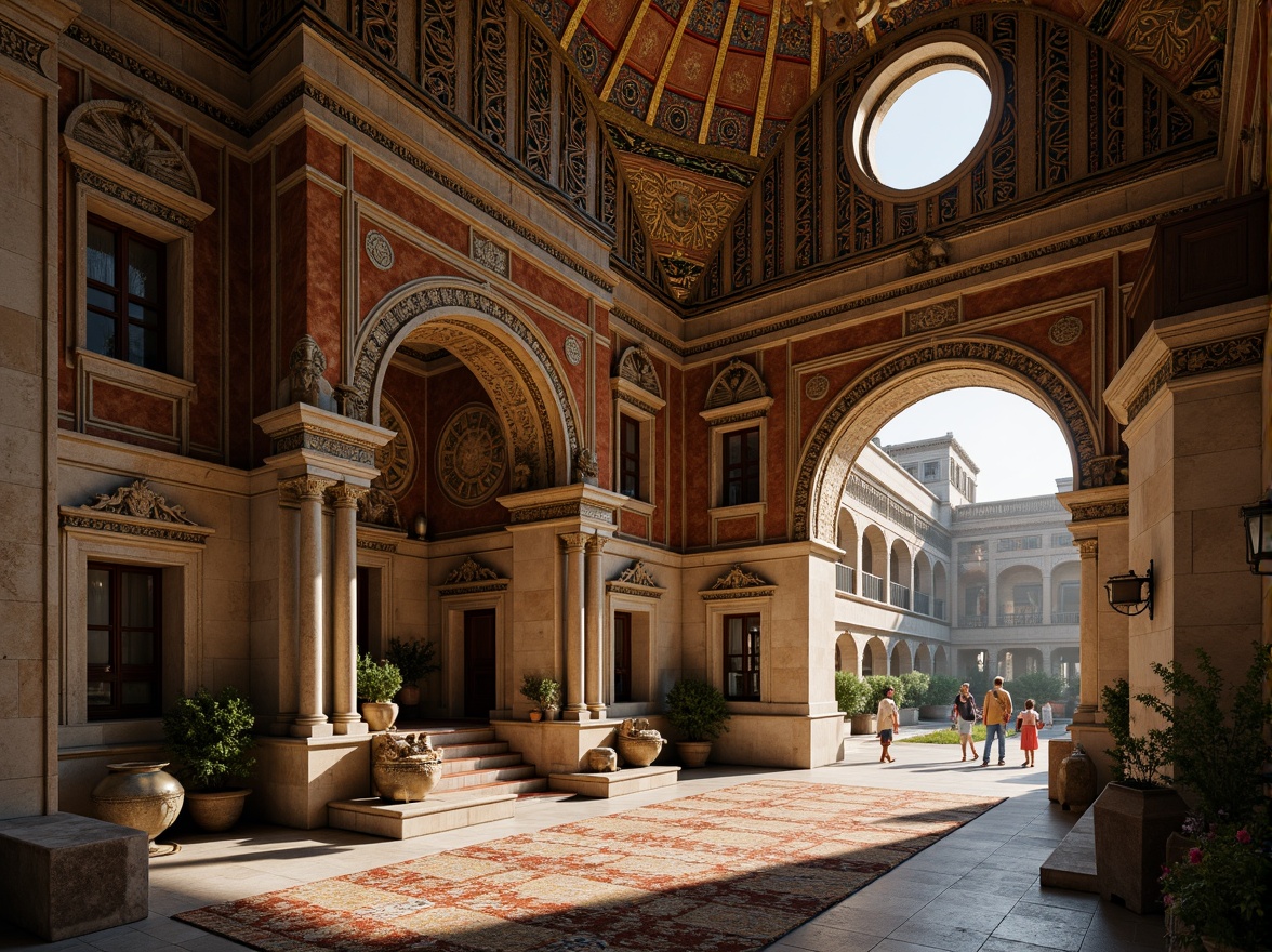 Prompt: Intricate stone carvings, ornate domes, grand archways, vibrant mosaics, golden accents, rustic terracotta tiles, weathered copper roofing, aged stone walls, mystical ambiance, soft warm lighting, dramatic shadows, 1/1 composition, low-angle shot, realistic textures, ambient occlusion.