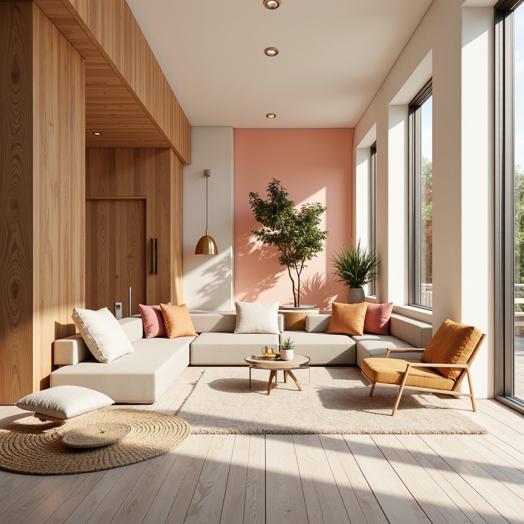 Prompt: Vibrant modern interior, pastel color scheme, soft peach tones, creamy whites, rich wood accents, metallic gold fixtures, natural textiles, plush area rugs, floor-to-ceiling windows, abundant sunlight, warm cozy ambiance, 1/1 composition, shallow depth of field, realistic renderings, ambient occlusion.