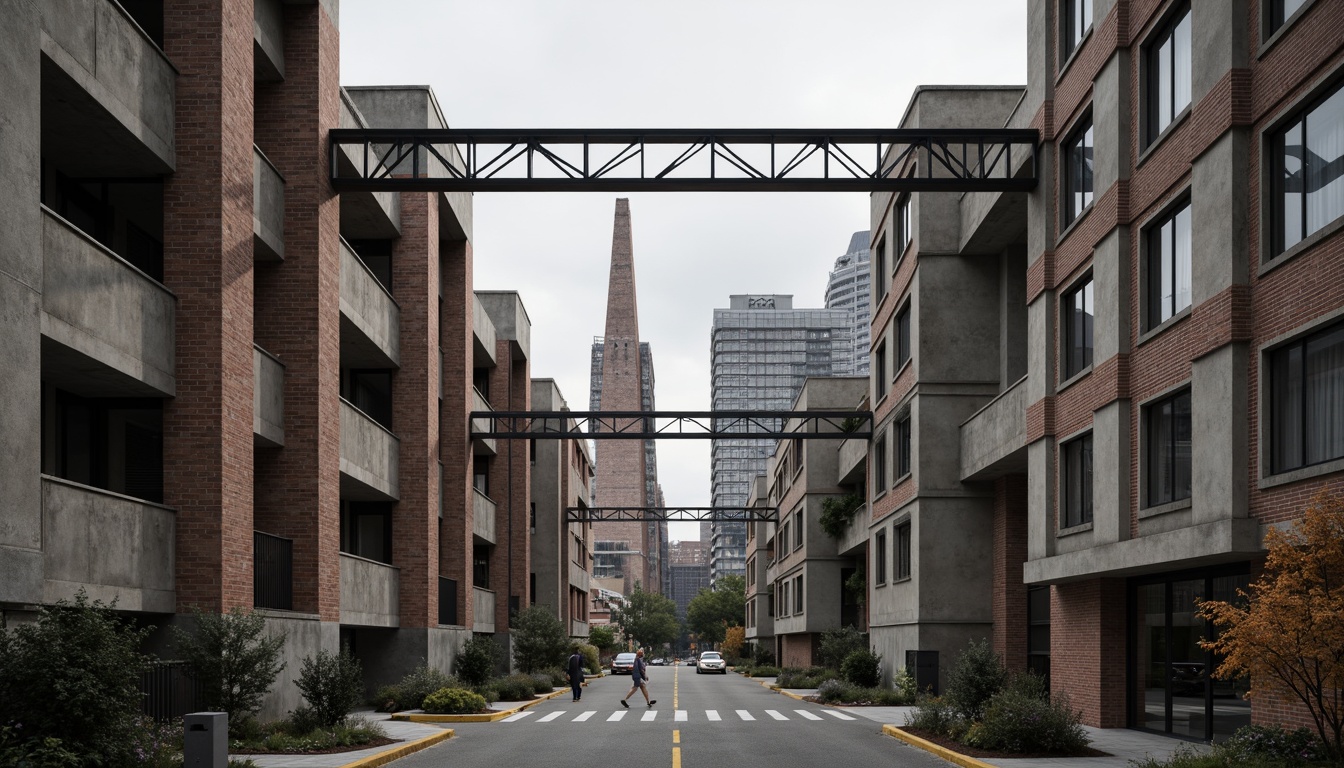 Prompt: Rough concrete walls, exposed ductwork, industrial metal beams, raw brick facades, distressed wood accents, brutalist fortress-like structures, rugged stone foundations, cold steel railings, minimalist ornamentation, functional simplicity, urban cityscape, overcast skies, dramatic shadows, high-contrast lighting, 1/1 composition, symmetrical framing, realistic material textures, ambient occlusion.