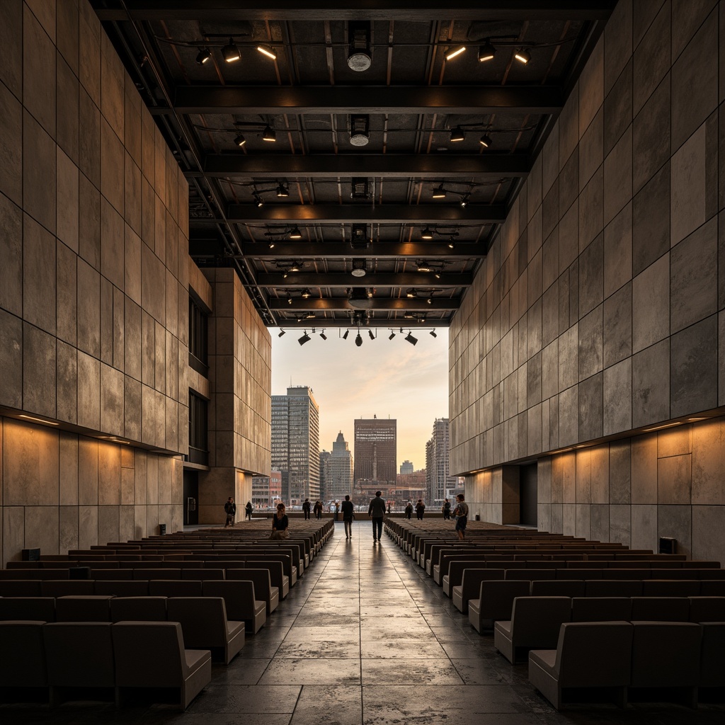 Prompt: Raw concrete walls, exposed ductwork, industrial metal beams, minimalist seating, avant-garde stage design, dramatic spotlights, reverberant sound reflections, echoey ambiance, brutalist architecture, angular lines, monochromatic color scheme, urban cityscape, evening atmosphere, warm golden lighting, shallow depth of field, 1/2 composition, symmetrical framing, high-contrast textures, ambient occlusion.