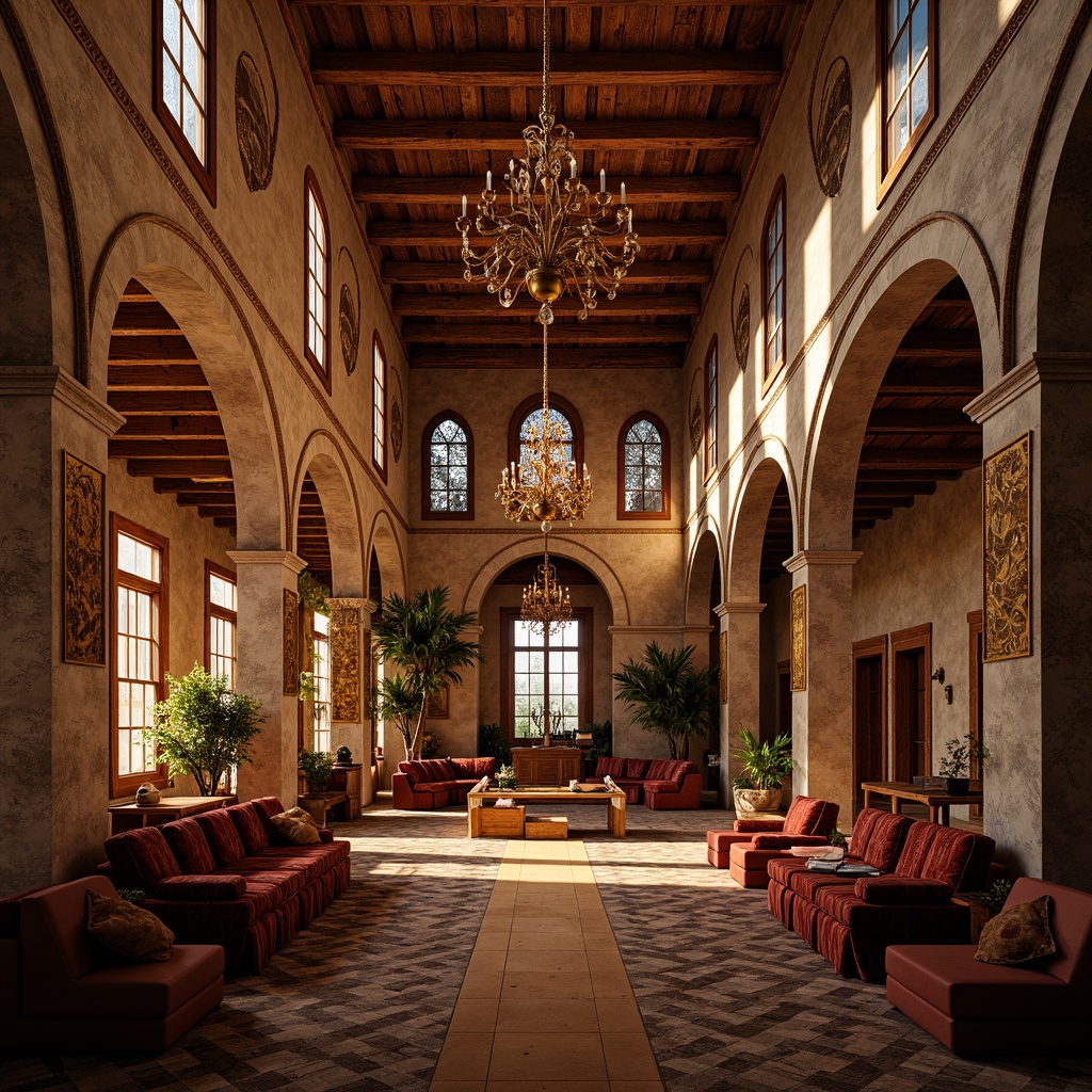 Prompt: Warm monastery interior, Byzantine architectural style, ornate golden accents, rich velvet fabrics, intricate mosaics, vaulted ceilings, grand chandeliers, stained glass windows, soft warm lighting, cozy seating areas, wooden benches, rustic stone walls, arched doorways, spiritual ambiance, serene atmosphere, subtle fragrance of incense, natural materials, earthy tones, elegant simplicity, 1/1 composition, shallow depth of field, realistic textures.