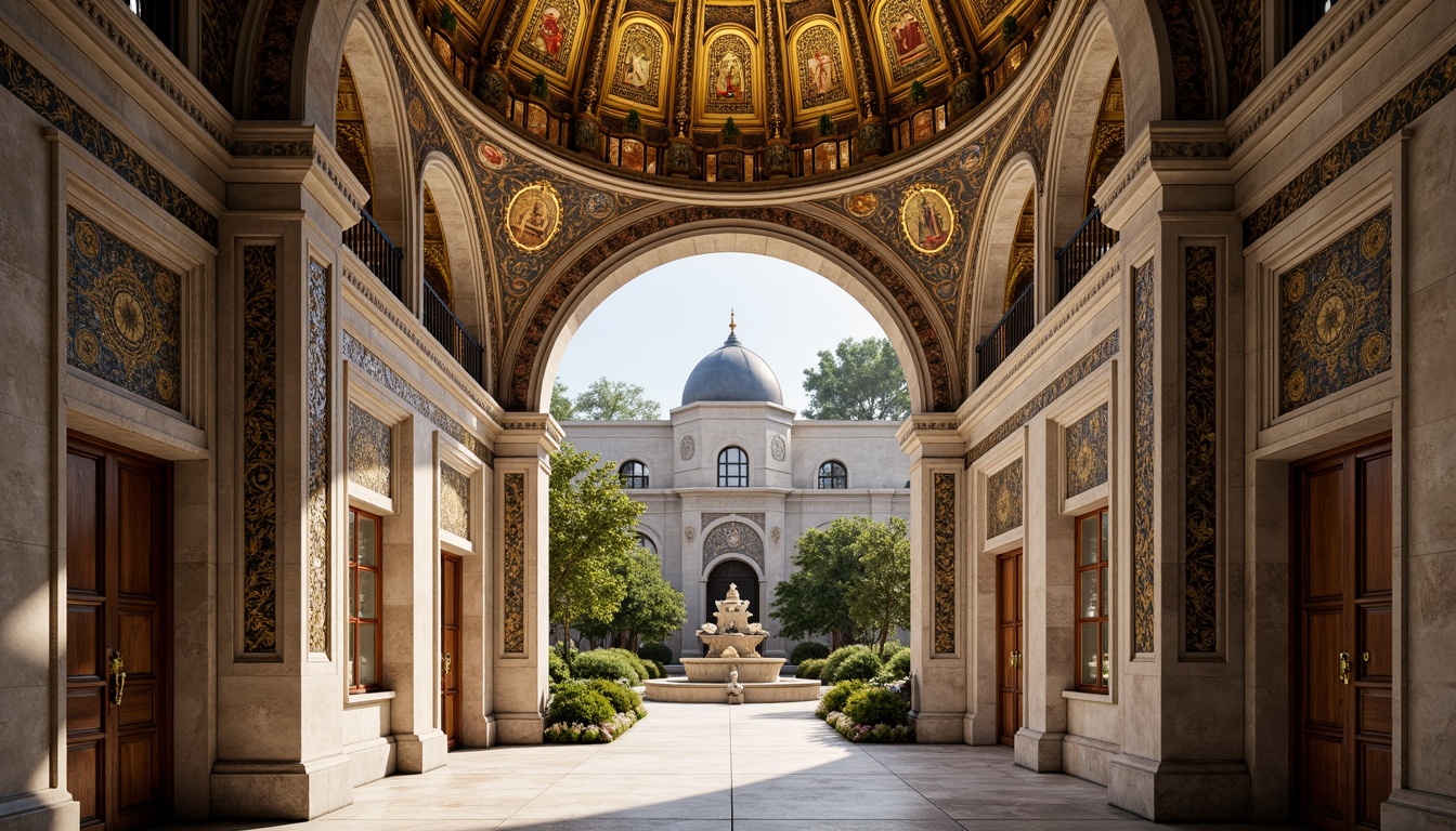 Prompt: Intricate stone carvings, ornate golden domes, majestic archways, grand entrance gates, rustic wooden doors, vibrant mosaic patterns, richly textured stonework, Byzantine-inspired frescoes, serene courtyard gardens, tranquil fountain features, soft warm lighting, shallow depth of field, 3/4 composition, panoramic view, realistic textures, ambient occlusion.