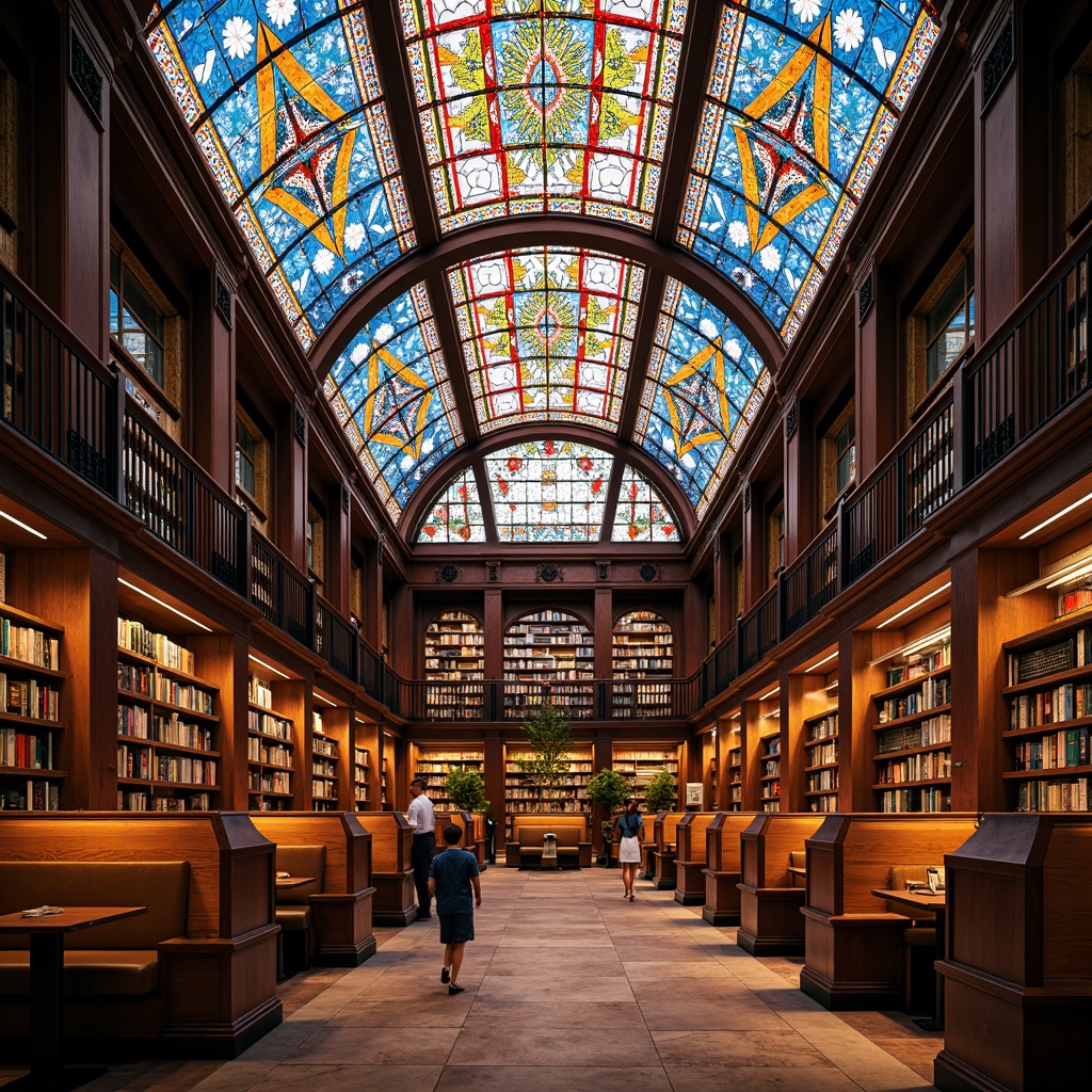 Prompt: Vibrant stained glass ceiling, colorful geometric patterns, warm natural light, cozy reading nooks, wooden bookshelves, comfortable seating areas, quiet study spaces, elegant architectural details, ornate metal frames, rich cultural heritage, spiritual ambiance, soft diffused lighting, 1/1 composition, realistic textures, ambient occlusion.