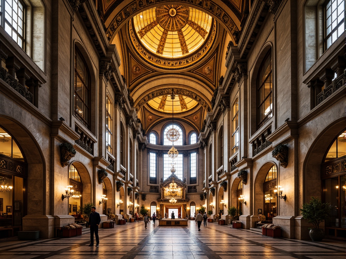 Prompt: Golden dome, ornate mosaics, intricate stone carvings, Byzantine architectural style, grand cathedral interior, high ceilings, vaulted arches, ornate chandeliers, stained glass windows, marble floors, richly patterned textiles, warm soft lighting, shallow depth of field, 1/1 composition, symmetrical view, realistic textures, ambient occlusion.