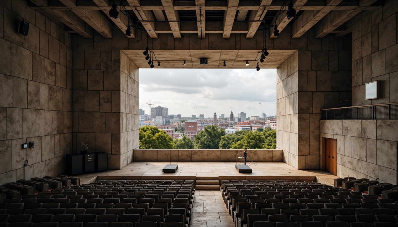 Prompt: Rugged brutalist concert hall, exposed concrete walls, industrial metal beams, minimalist seating, avant-garde stage design, dramatic spotlights, resonant sound reflections, acoustic panels, diffused sound waves, intimate performance spaces, natural stone flooring, raw unfinished textures, bold geometric shapes, urban cityscape views, cloudy grey skies, soft warm lighting, shallow depth of field, 1/1 composition, realistic material renderings, ambient occlusion.