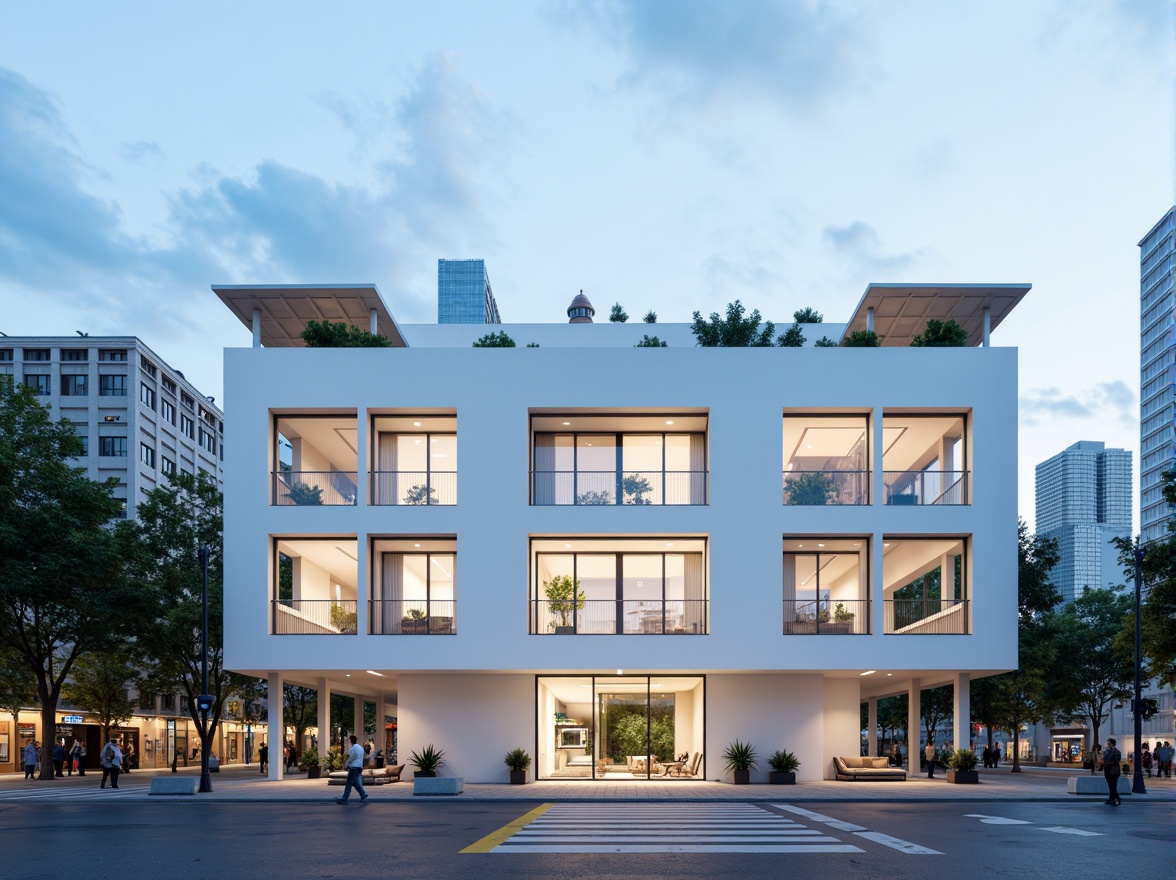 Prompt: Simple white facade, clean lines, minimal ornamentation, large glass windows, sliding doors, cantilevered rooflines, open-air balconies, sleek metal railings, subtle LED lighting, urban cityscape, busy streets, modern skyscrapers, cloudy blue sky, soft natural light, shallow depth of field, 1/1 composition, symmetrical architecture, monochromatic color scheme, abstract patterns, geometric shapes, functional simplicity.