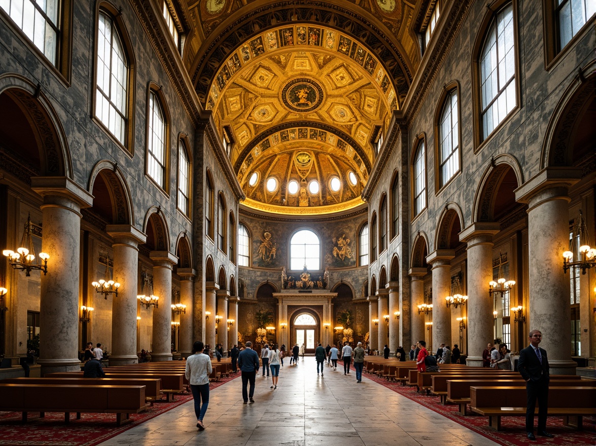 Prompt: Golden dome, ornate mosaics, intricate stone carvings, Byzantine architectural style, grand cathedral interior, high ceilings, vaulted arches, ornate chandeliers, stained glass windows, marble floors, richly patterned textiles, warm soft lighting, shallow depth of field, 1/1 composition, symmetrical view, realistic textures, ambient occlusion.