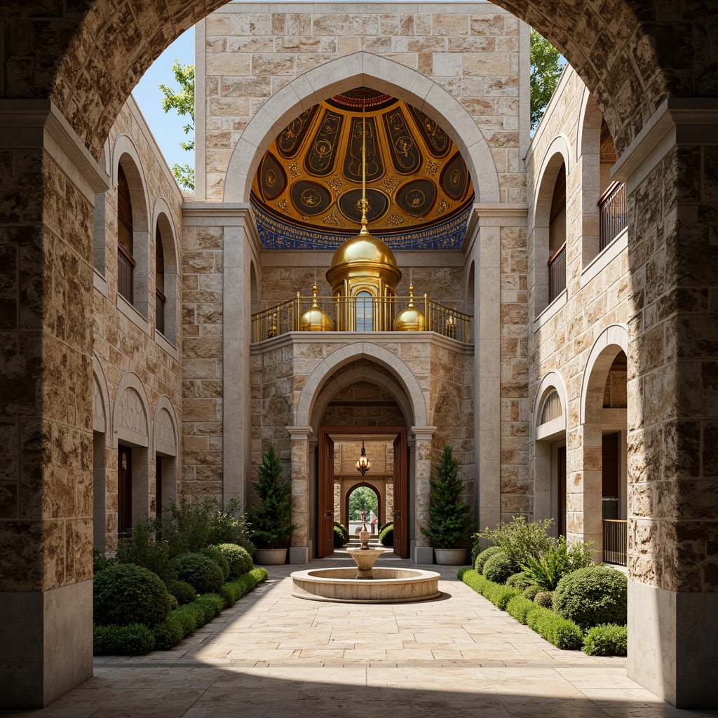 Prompt: Intricate stone carvings, ornate golden domes, majestic archways, grand entrance gates, rustic wooden doors, vibrant mosaic patterns, richly textured stonework, Byzantine-inspired frescoes, serene courtyard gardens, tranquil fountain features, soft warm lighting, shallow depth of field, 3/4 composition, panoramic view, realistic textures, ambient occlusion.