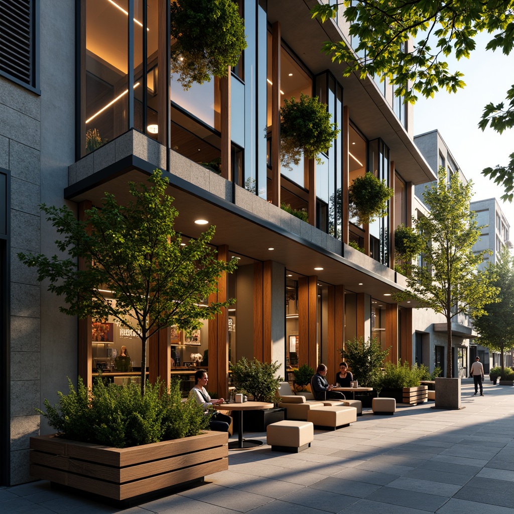 Prompt: Vibrant coffee shop facade, modern minimalist architecture, large glass windows, wooden accents, industrial metal frames, green walls, living plants, natural stone cladding, LED signage, neon lights, cozy outdoor seating, urban cityscape, bustling streets, morning sunlight, warm golden lighting, shallow depth of field, 1/2 composition, realistic textures, ambient occlusion.