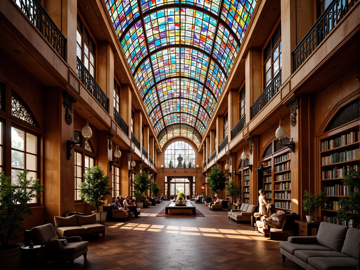 Prompt: Vibrant stained glass ceiling, colorful geometric patterns, warm natural light, cozy reading nooks, wooden bookshelves, comfortable seating areas, quiet study spaces, elegant architectural details, ornate metal frames, rich cultural heritage, spiritual ambiance, soft diffused lighting, 1/1 composition, realistic textures, ambient occlusion.