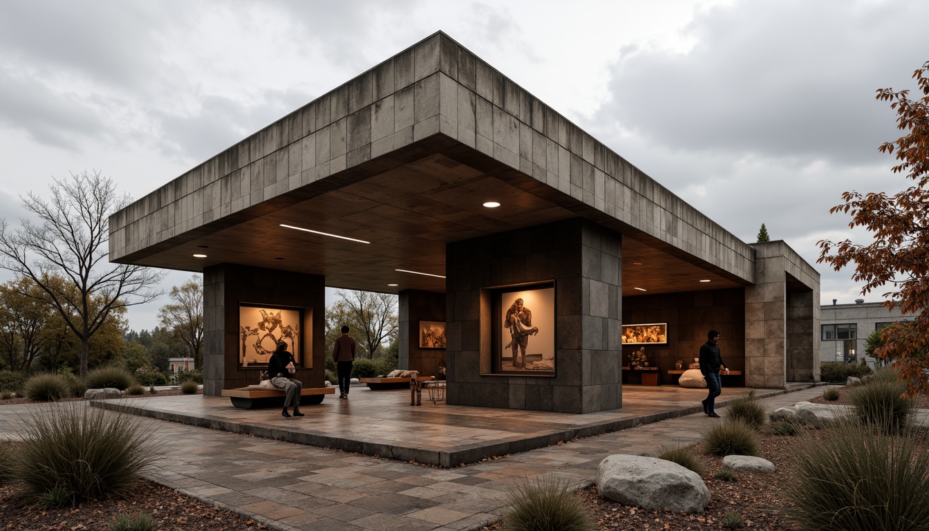 Prompt: Rugged pavilion, brutalist architecture, raw concrete textures, industrial metal accents, bold geometric shapes, earthy color palette, muted brown tones, weathered wood elements, natural stone walls, dramatic shadows, high-contrast lighting, moody atmosphere, abstract art installations, urban landscape surroundings, overcast sky, cinematic composition, low-angle shot, gritty realistic render.