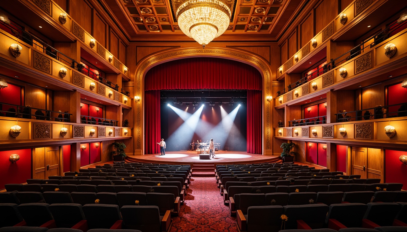 Prompt: Vibrant concert hall, rich wood tones, warm golden lighting, bold red accents, deep blue seats, polished metal fixtures, luxurious velvet curtains, ornate chandeliers, grand staircase, opulent balconies, lavish box seats, dramatic spotlights, soft warm glow, shallow depth of field, 1/1 composition, realistic textures, ambient occlusion.