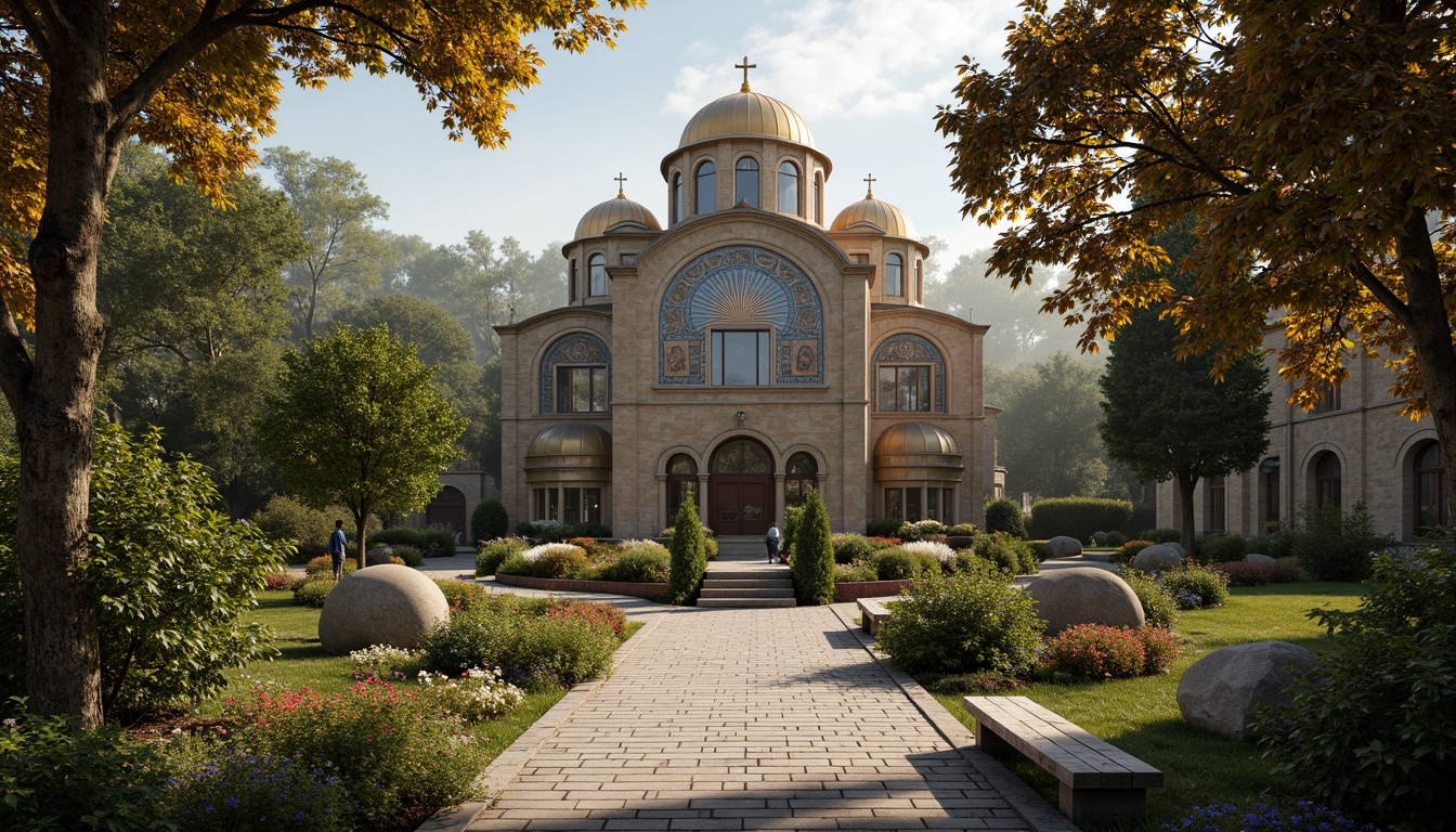 Prompt: Ancient stone church, ornate Byzantine architecture, lush greenery, vibrant flowers, intricately patterned mosaics, golden domes, rustic stone pathways, weathered wooden benches, lantern-style lighting, misty morning atmosphere, soft warm sunlight, shallow depth of field, 1/2 composition, symmetrical framing, realistic textures, ambient occlusion.